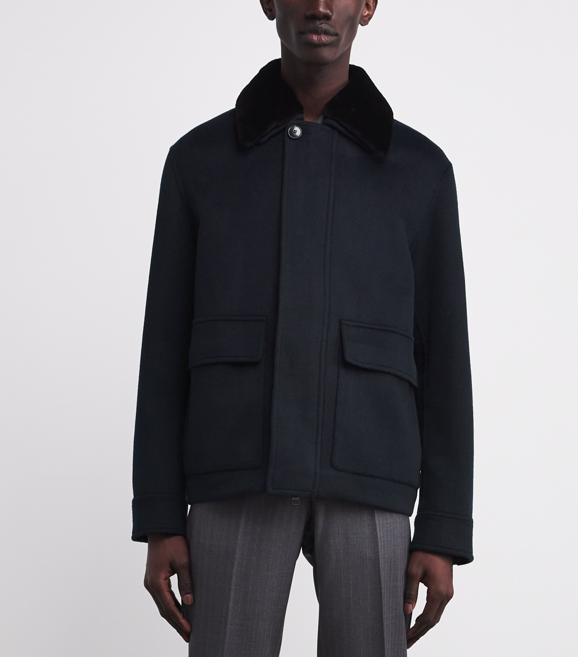 Wool-Cashmere Mink-Trim Jacket A7033 NAVY Image 3