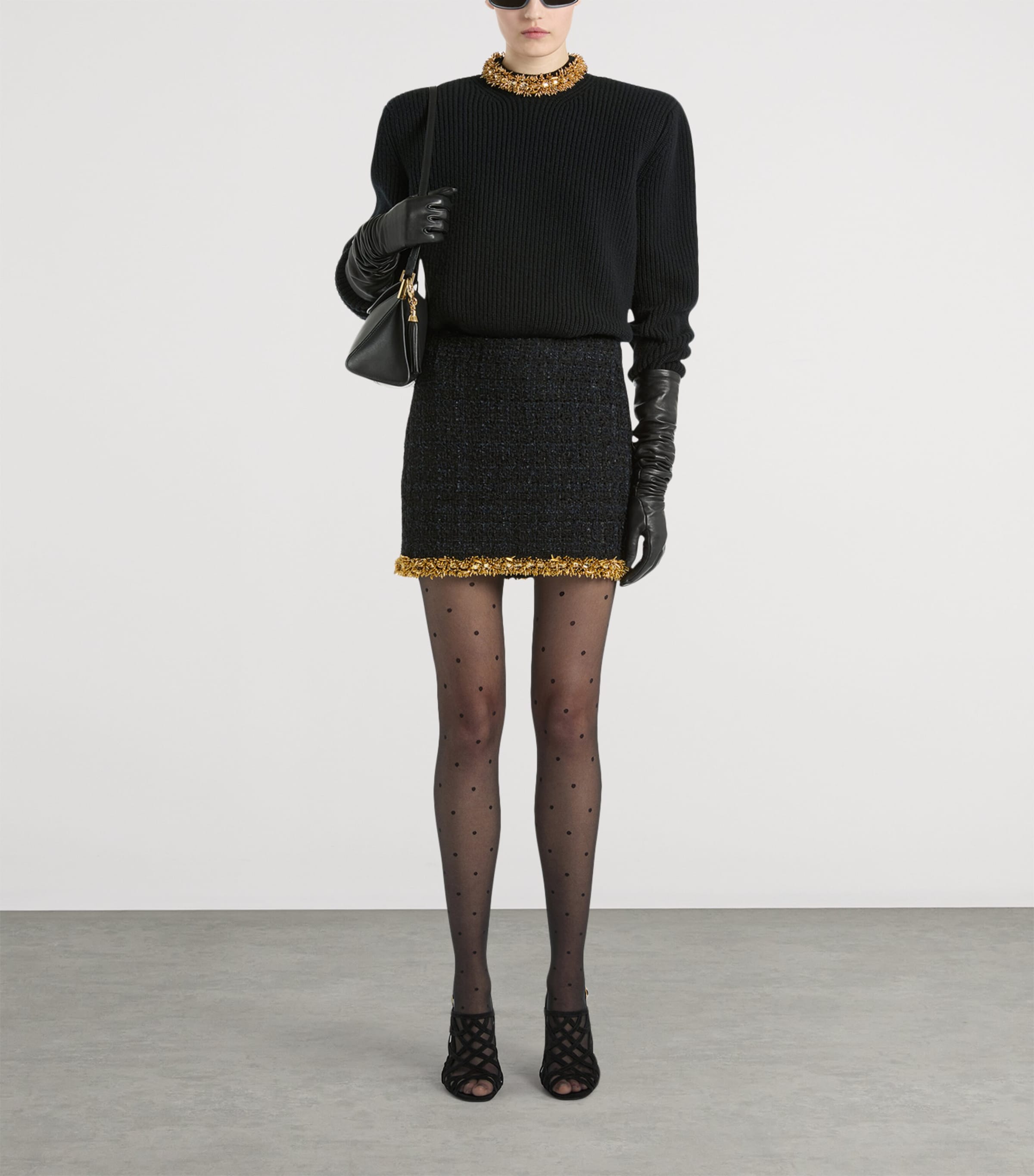Balmain Womens Tweed Beaded-Hem Mini Skirt Ead Noir Or Image 2