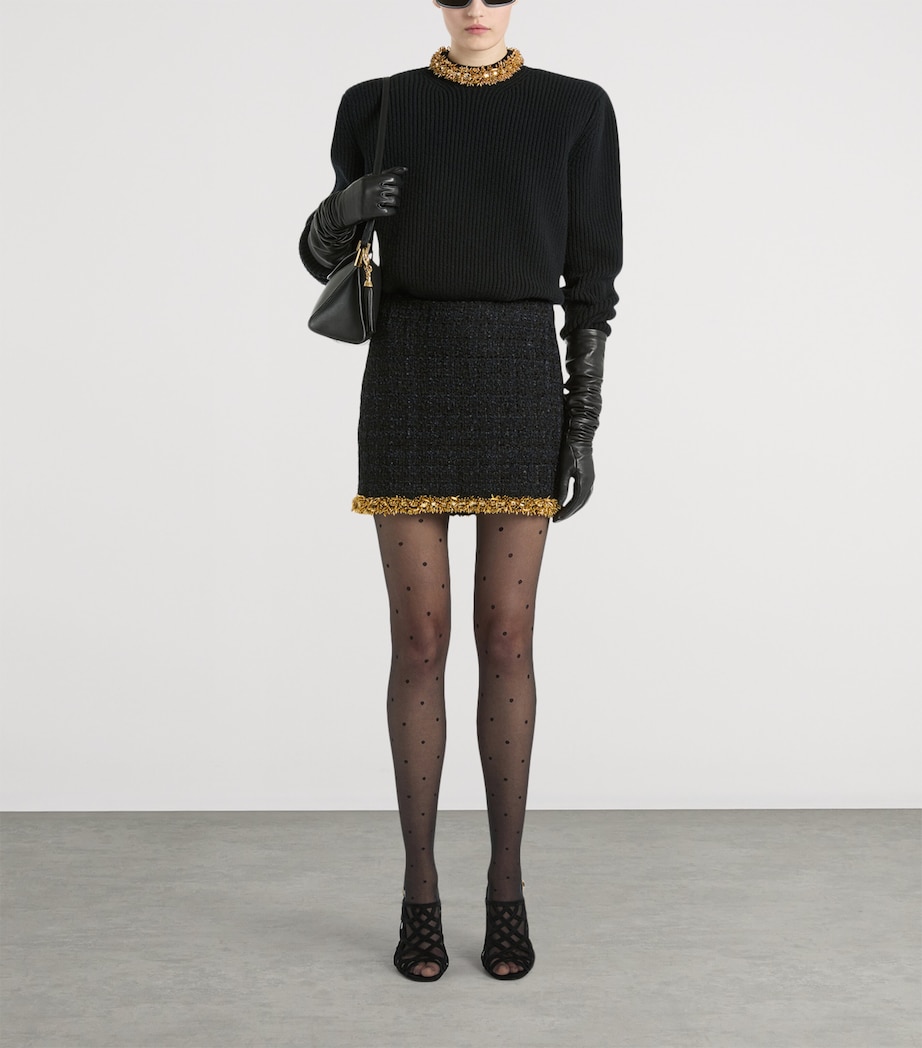 Balmain Womens Tweed Beaded-Hem Mini Skirt Ead Noir Or Image 2