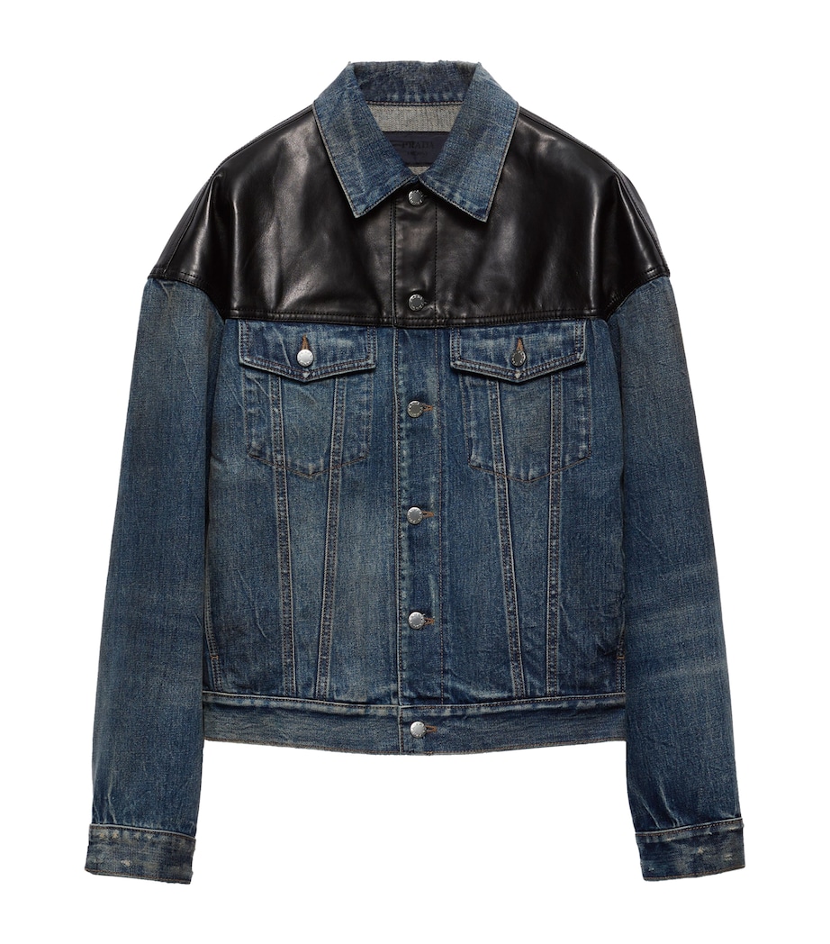 Prada Mens Leather-Detail Denim Jacket Image 1