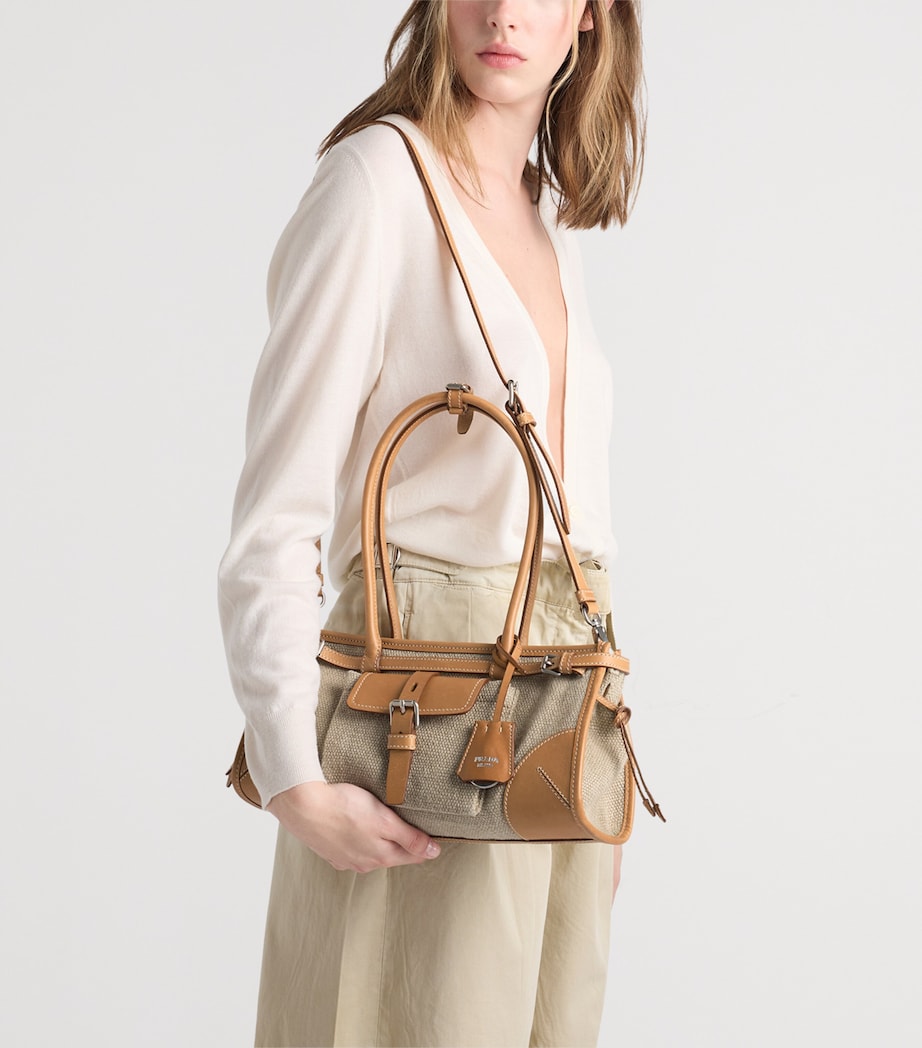 Prada Womens Small Linen-Leather Bonnie Top-Handle Bag Neutral Image 2