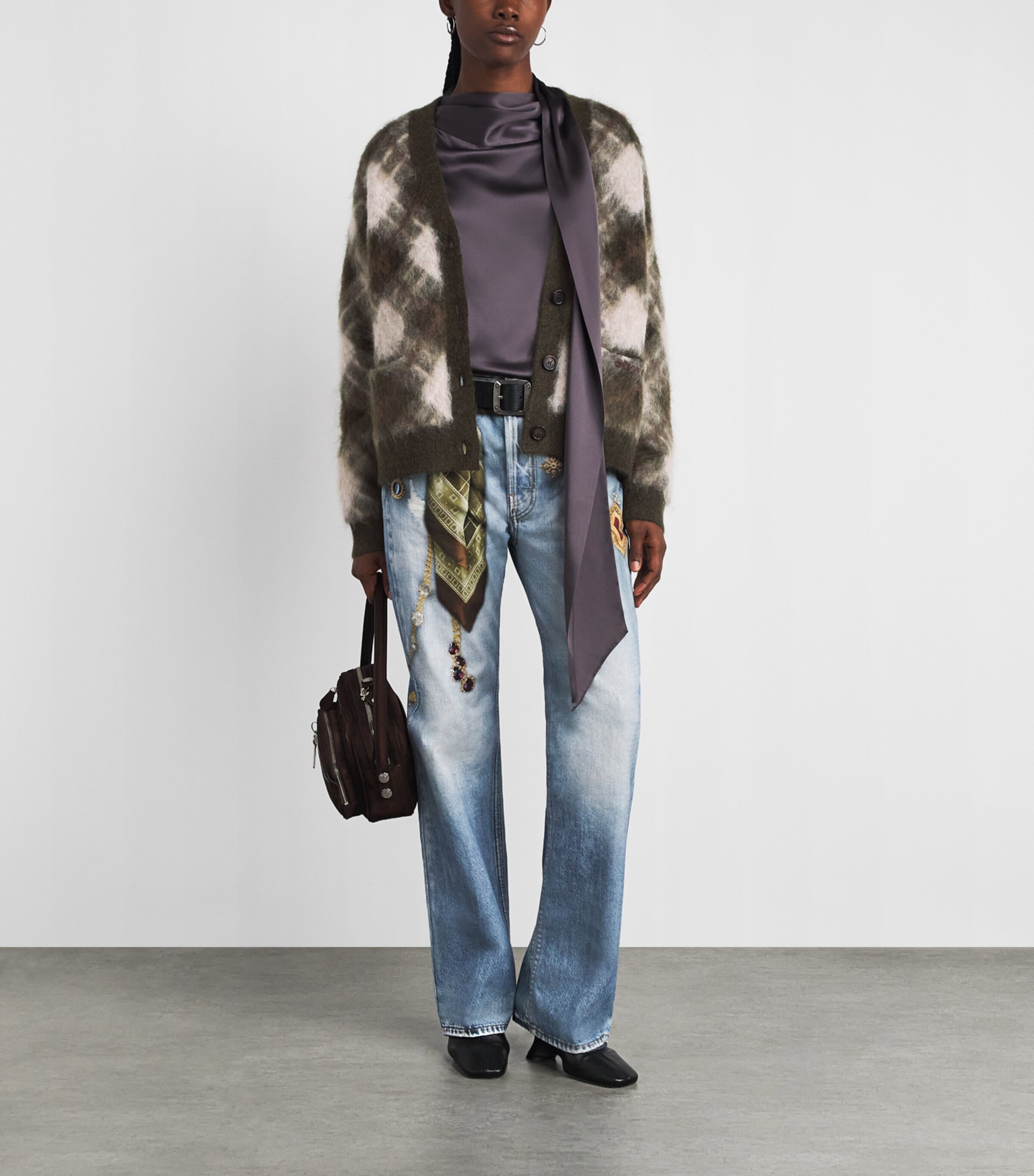 Acne Studios Womens Argyle V-Neck Knit Cardigan Olive Green/multi Image 2