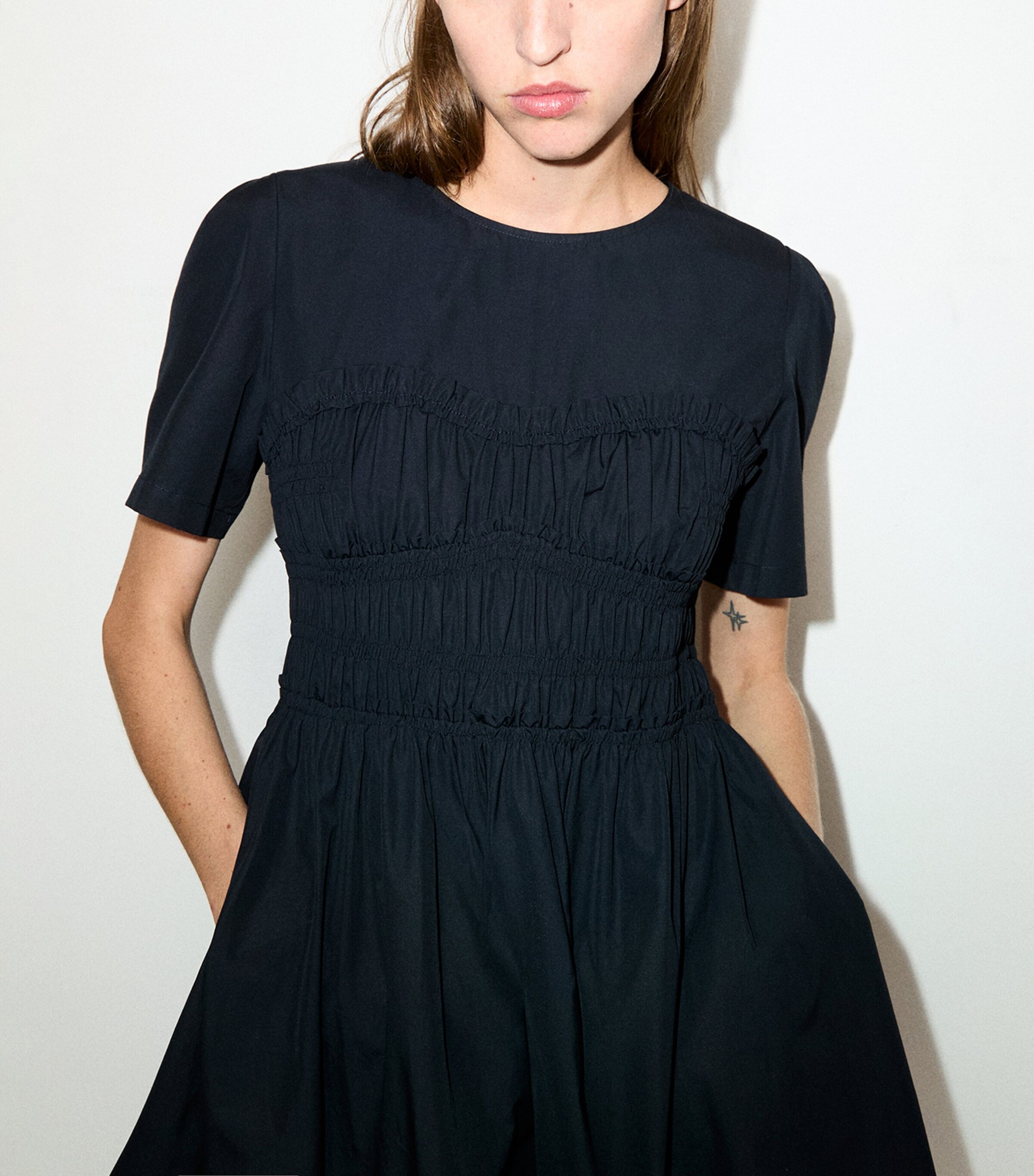 MAX&Co. Womens Cotton-Virgin Wool Shirred Midi Dress Black Image 5