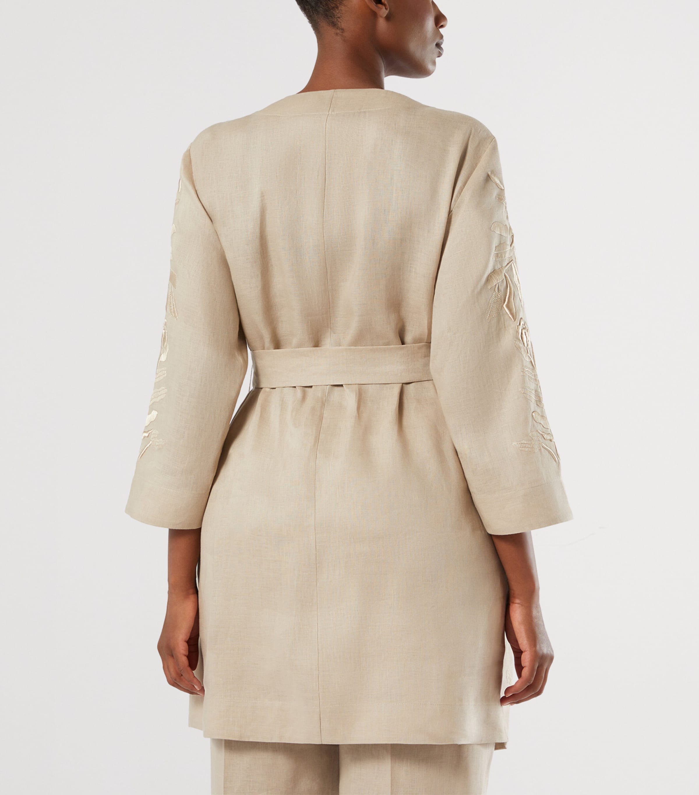 Marina Rinaldi Womens Linen Embroidered Belted Jacket Beige Image 4