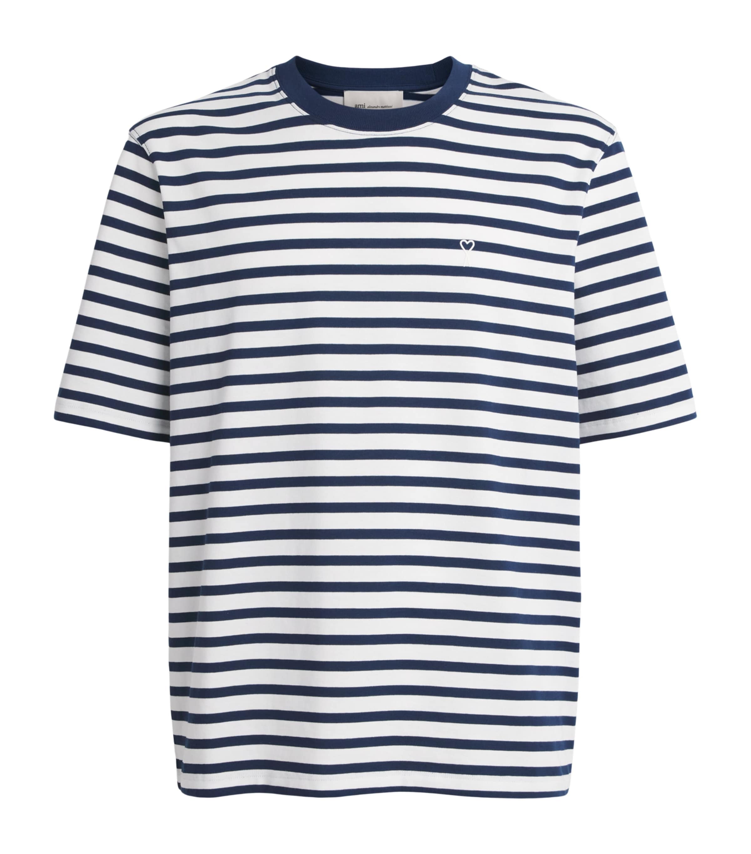 AMI Paris Mens Cotton Stripe Logo T-Shirt Encre/blanc Image 1