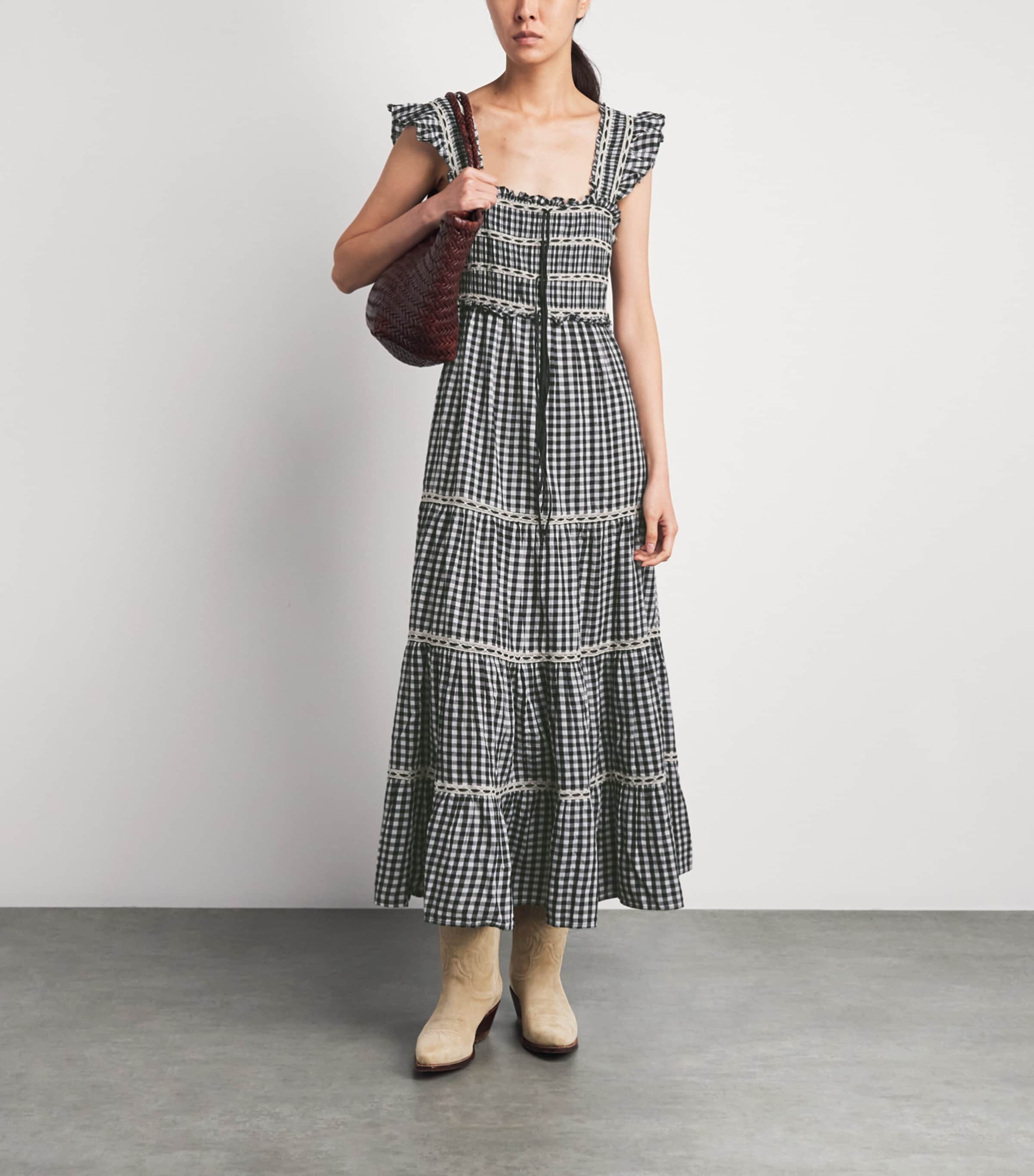 Rixo Womens Cotton Check Chandra Midi Dress Beth Check Black Image 2