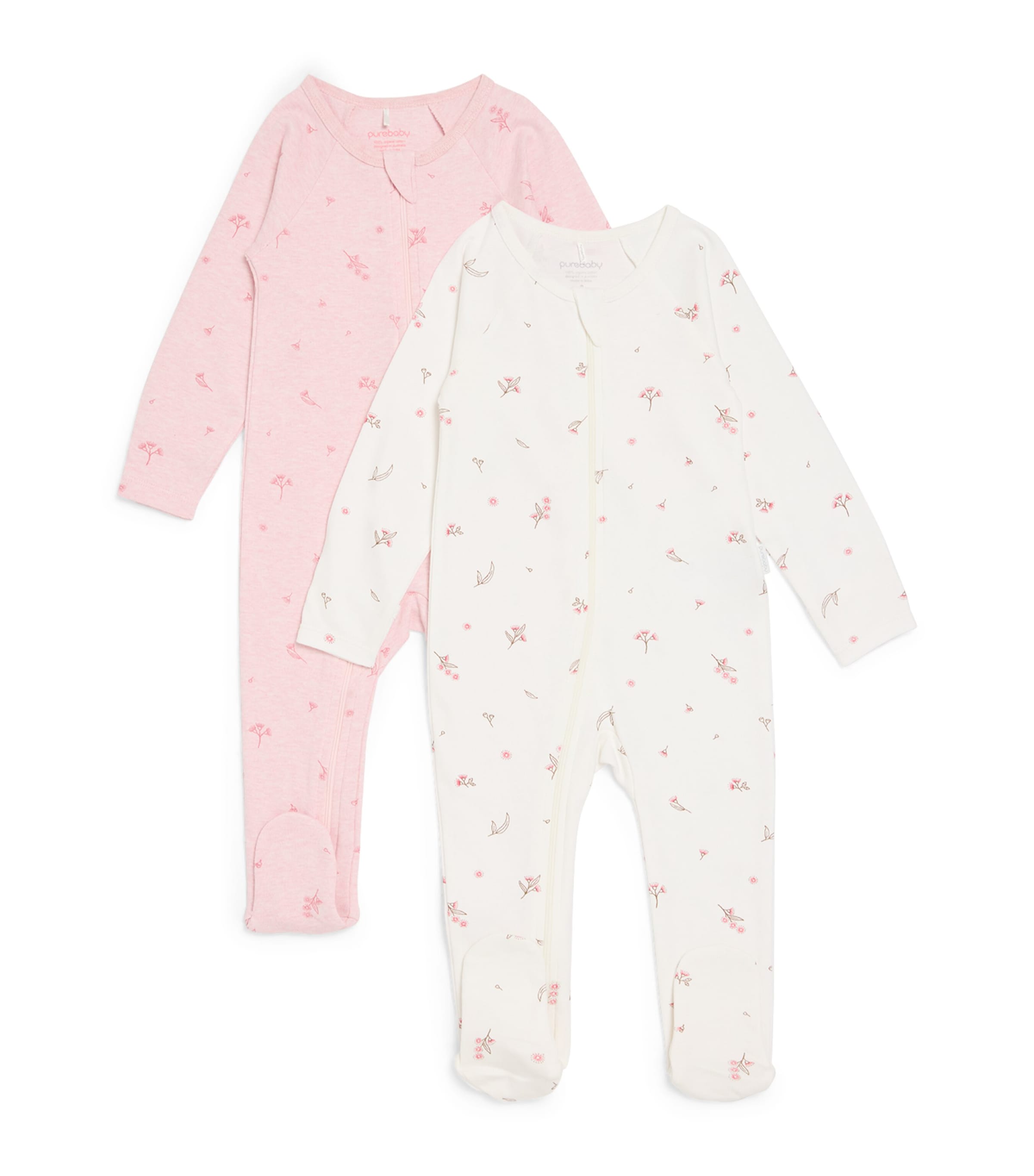 Purebaby Set of 2 Organic Cotton All-In-Ones (Newborn-12 Months) Pale Pink Blossom Pack Image 1
