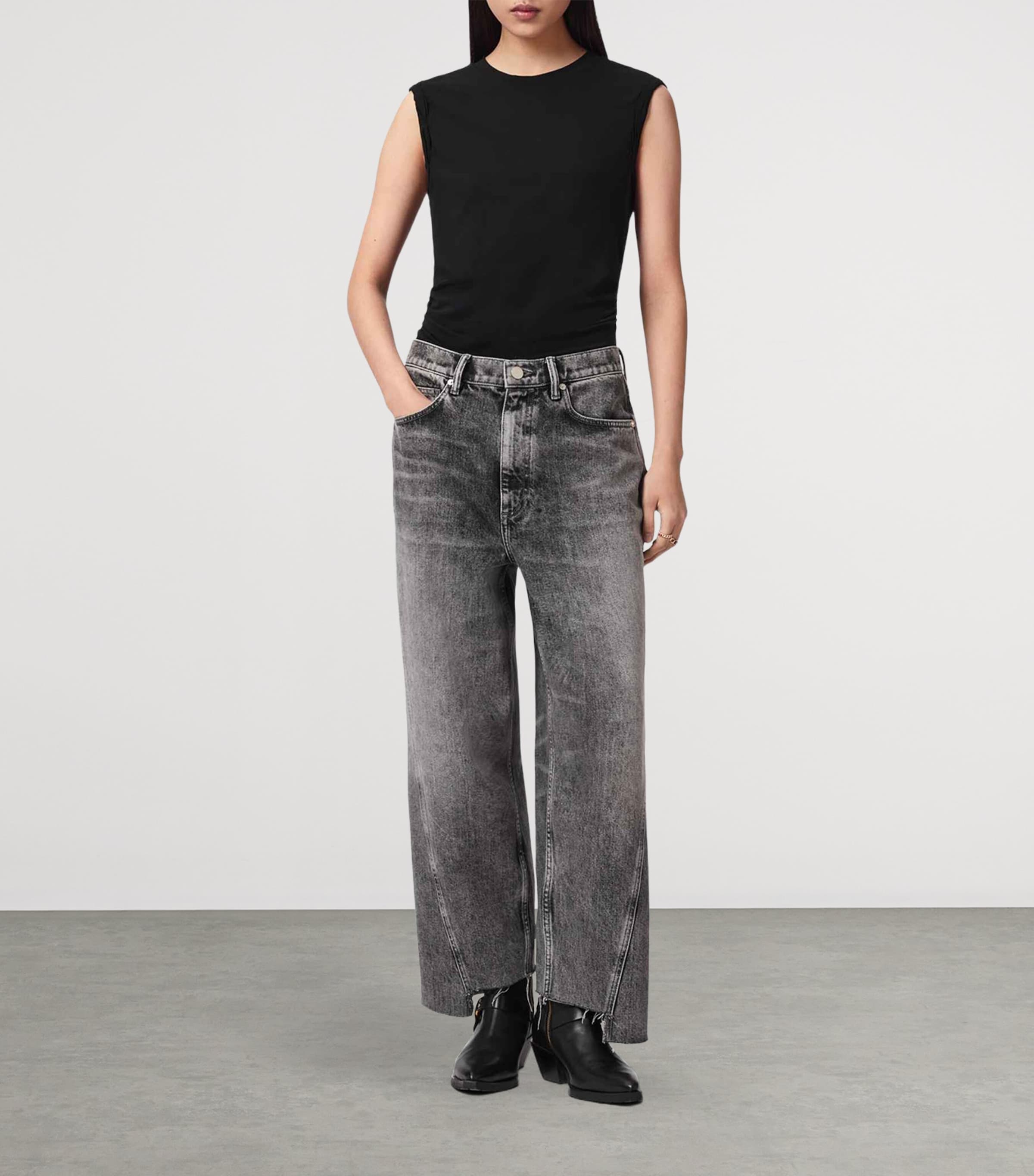 AllSaints Womens Asymmetric Fox Wide-Leg Jeans Vintage Black Image 2