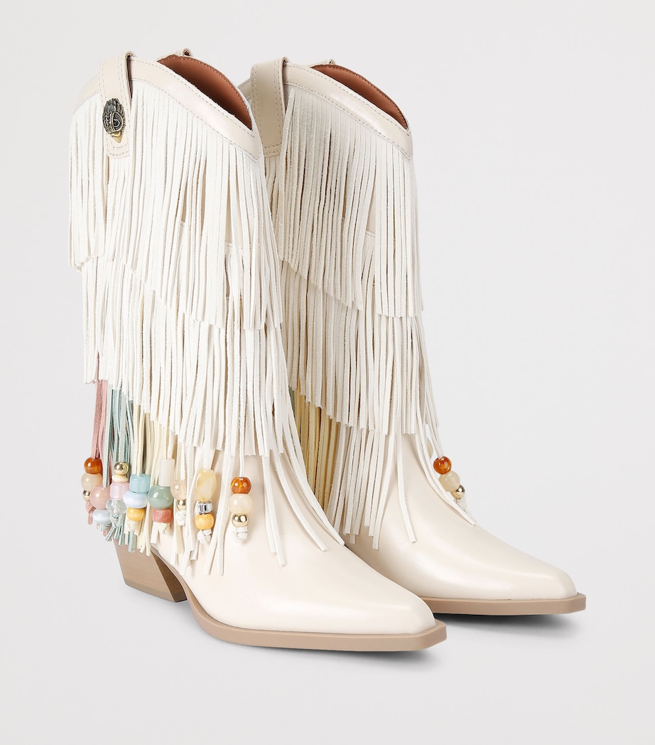 Kurt Geiger London Leather Fringed Cowboy Boots 50 Cream Comb Image 4