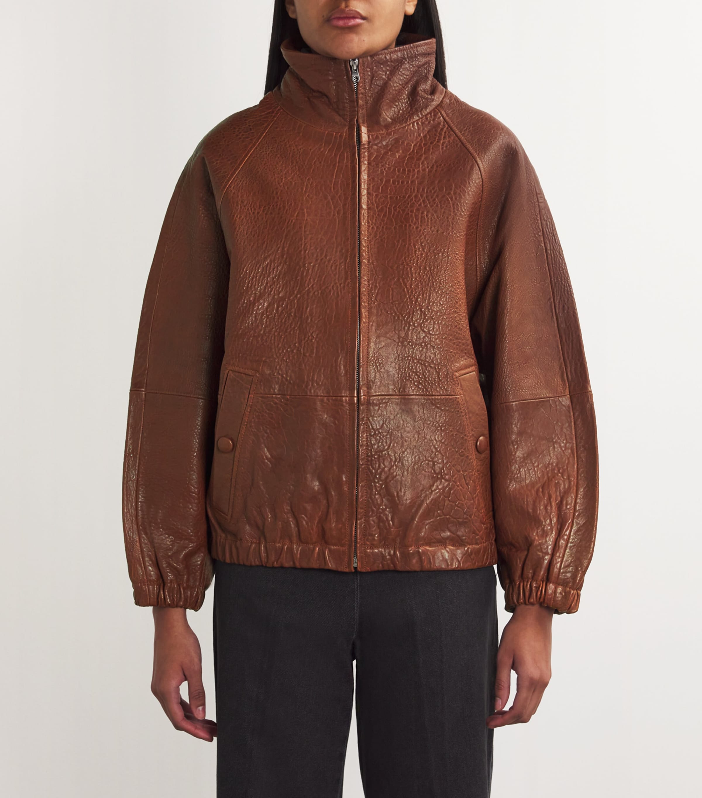 【海外限定】Sandroレザージャケット☆High-neck oversized leat SANDRO Oversized Leather Jacket in Black | endource