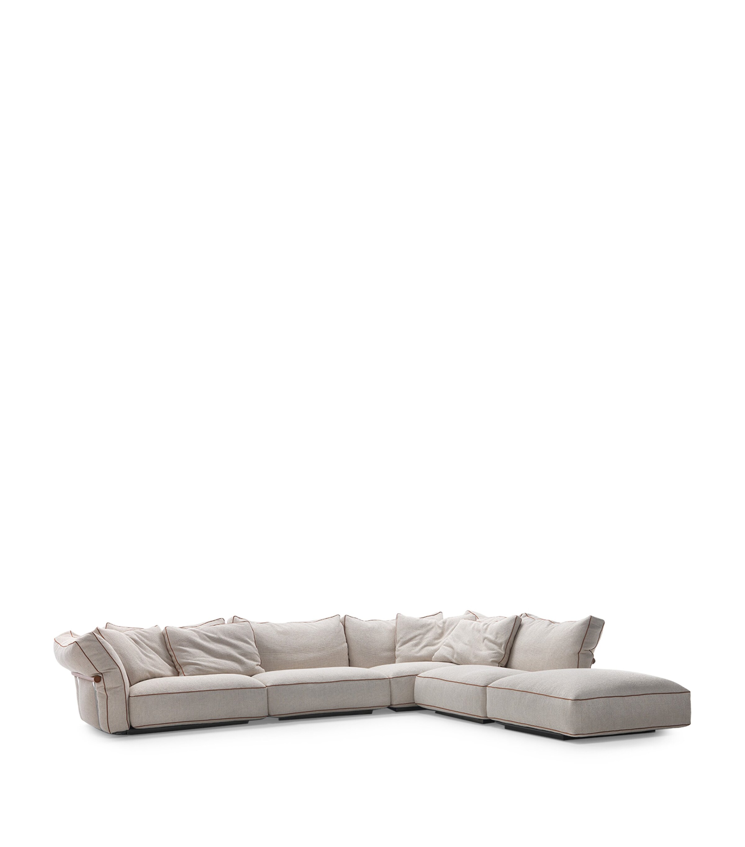 Beige L-shaped modular sofa against white background