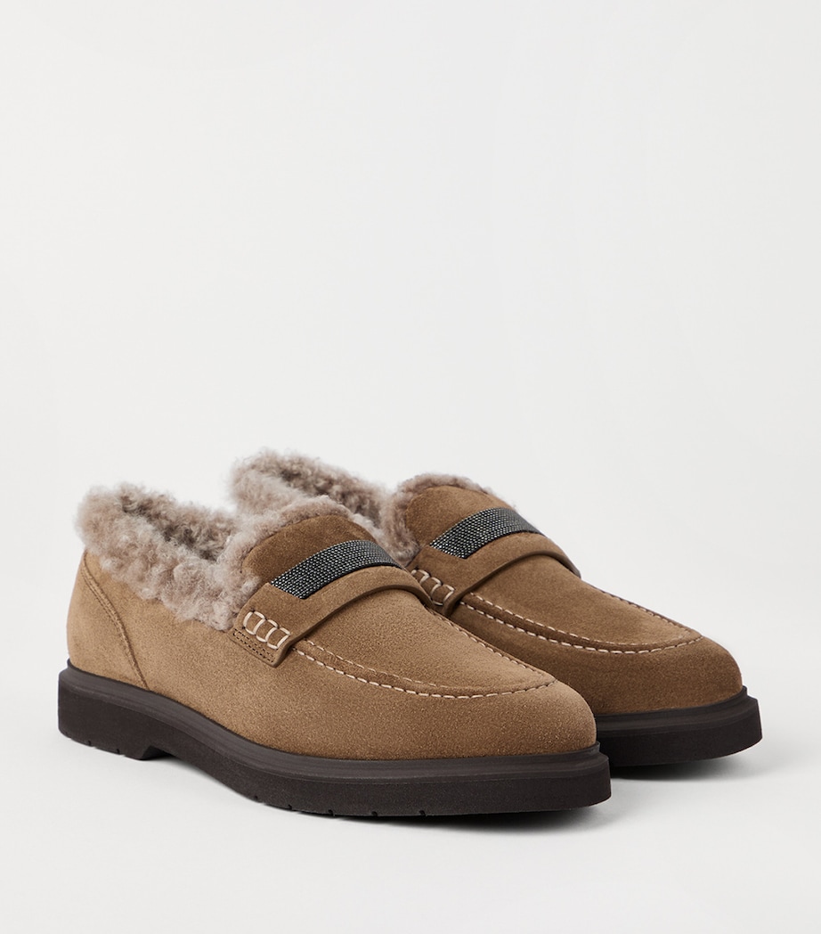 Suede Shearling-Lined Penny Loafers C7495 Image 3