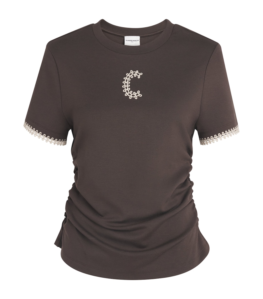 Claudie Pierlot Womens Ruched Embroidered Logo T-Shirt Brown Image 1