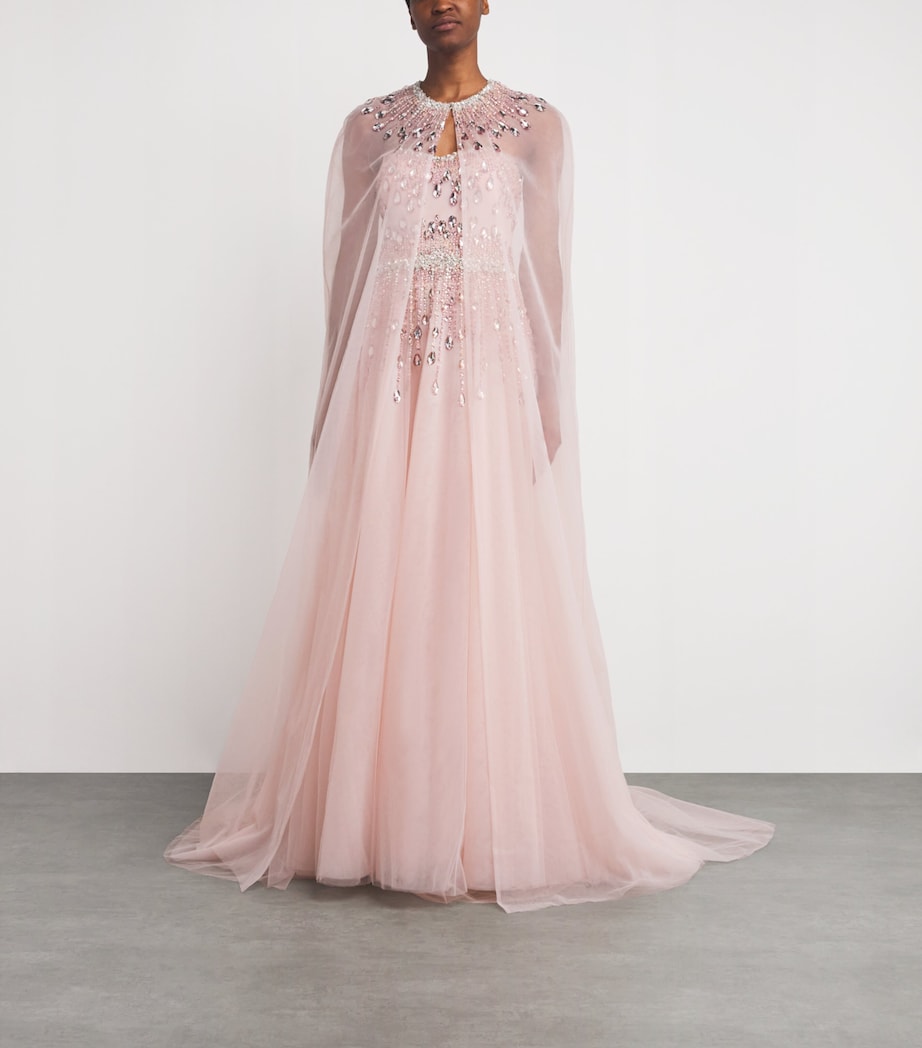 Pamella Roland Womens Tulle Embellished Cape-Detail Gown Pink Multi Image 2