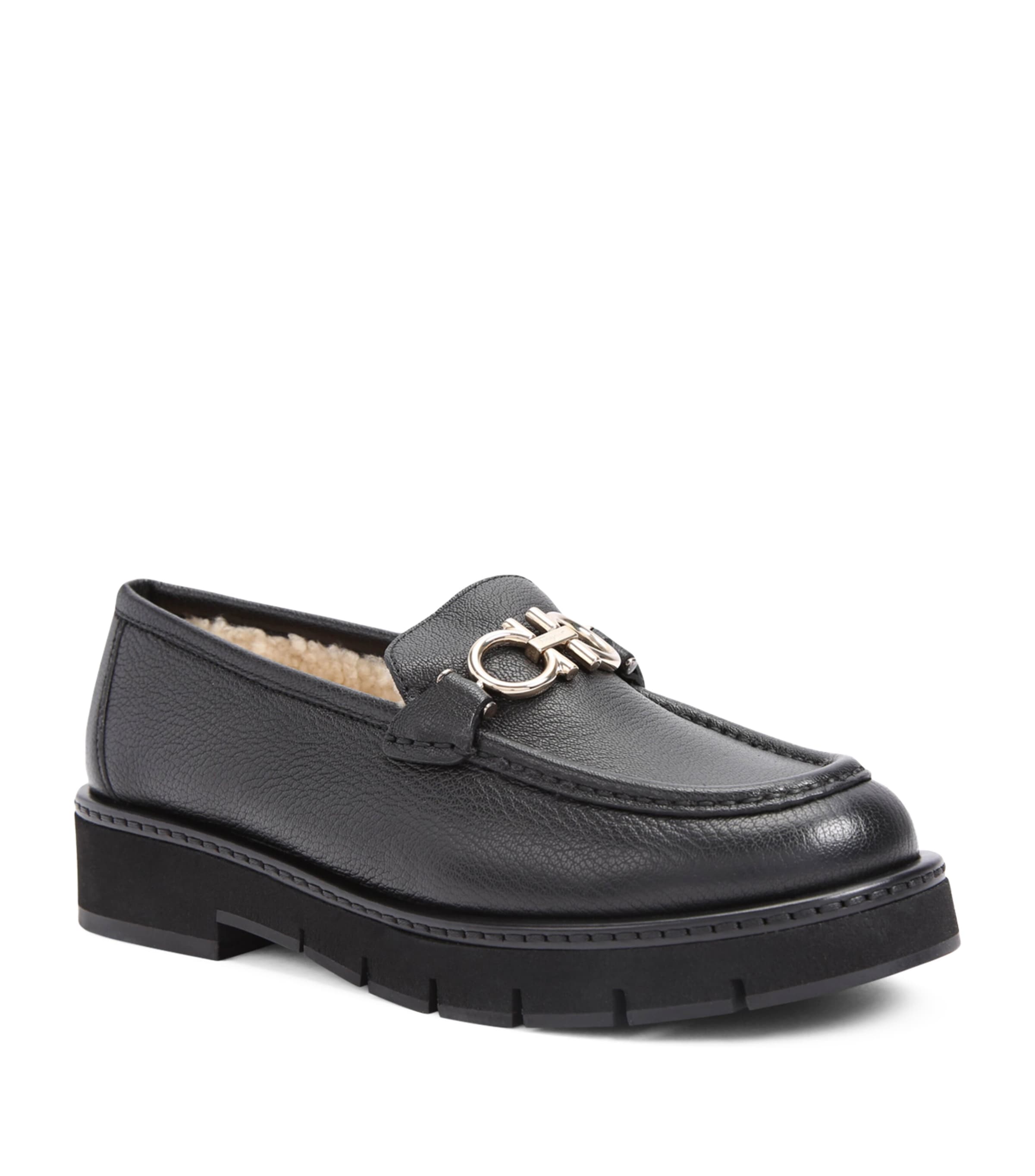 Ferragamo Black Ofelia Lug Moccasin With Gancini Ornament In Black