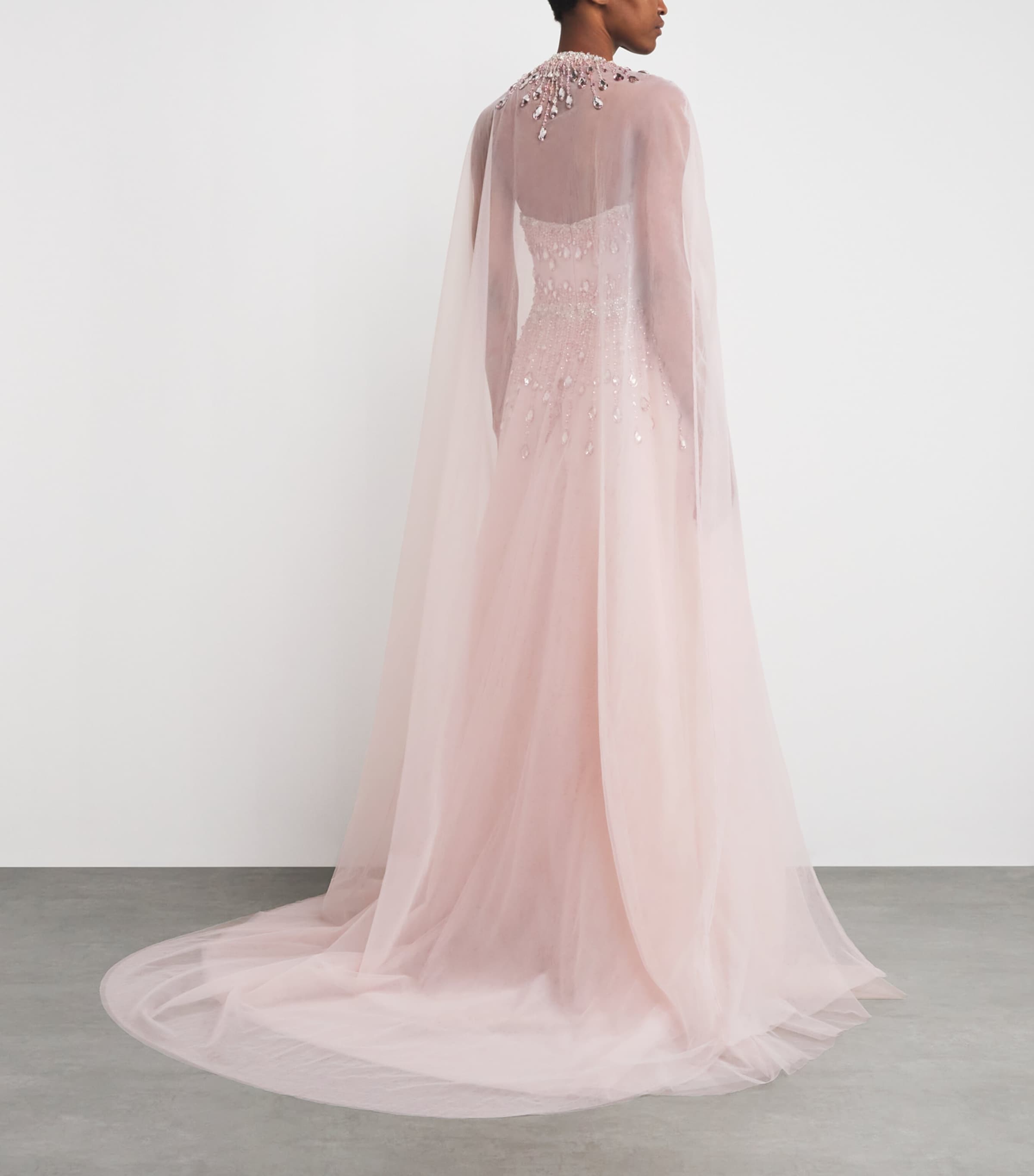 Pamella Roland Womens Tulle Embellished Cape-Detail Gown Pink Multi Image 3