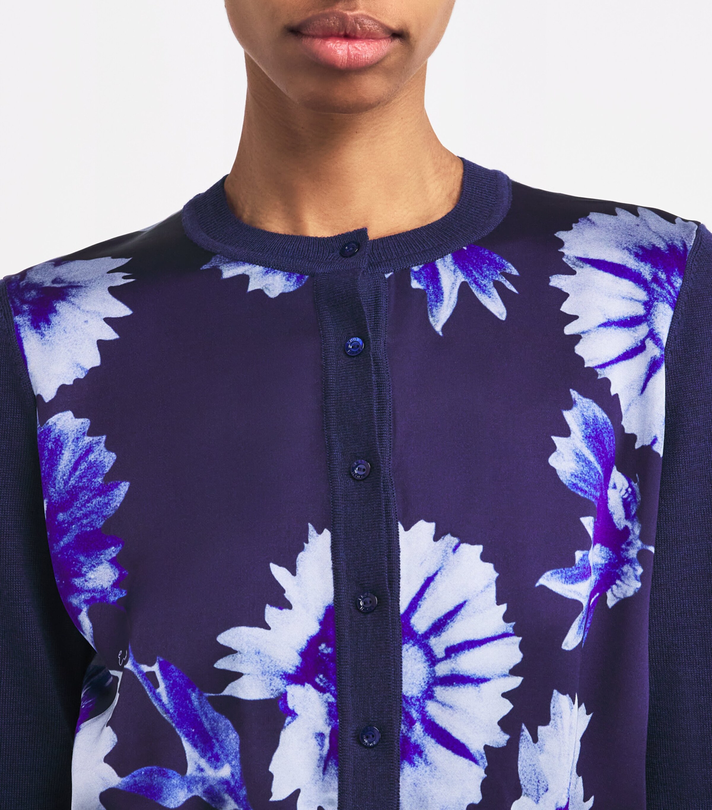 Erdem Womens Cropped Printed Panel Cardigan Navy + Indigo Image 6