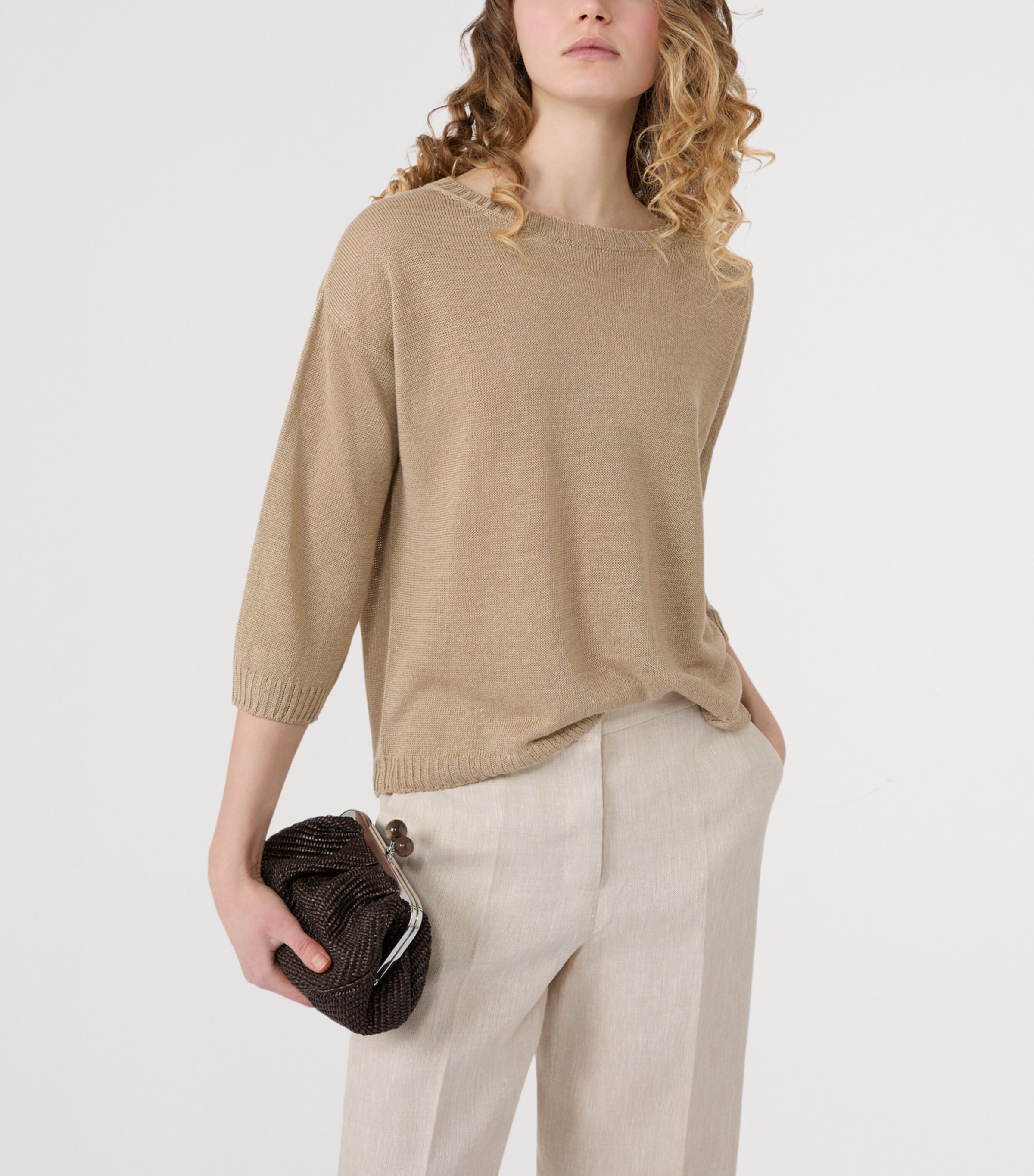 Weekend Max Mara Womens Linen Cropped-Sleeve Sweater Earth Image 4