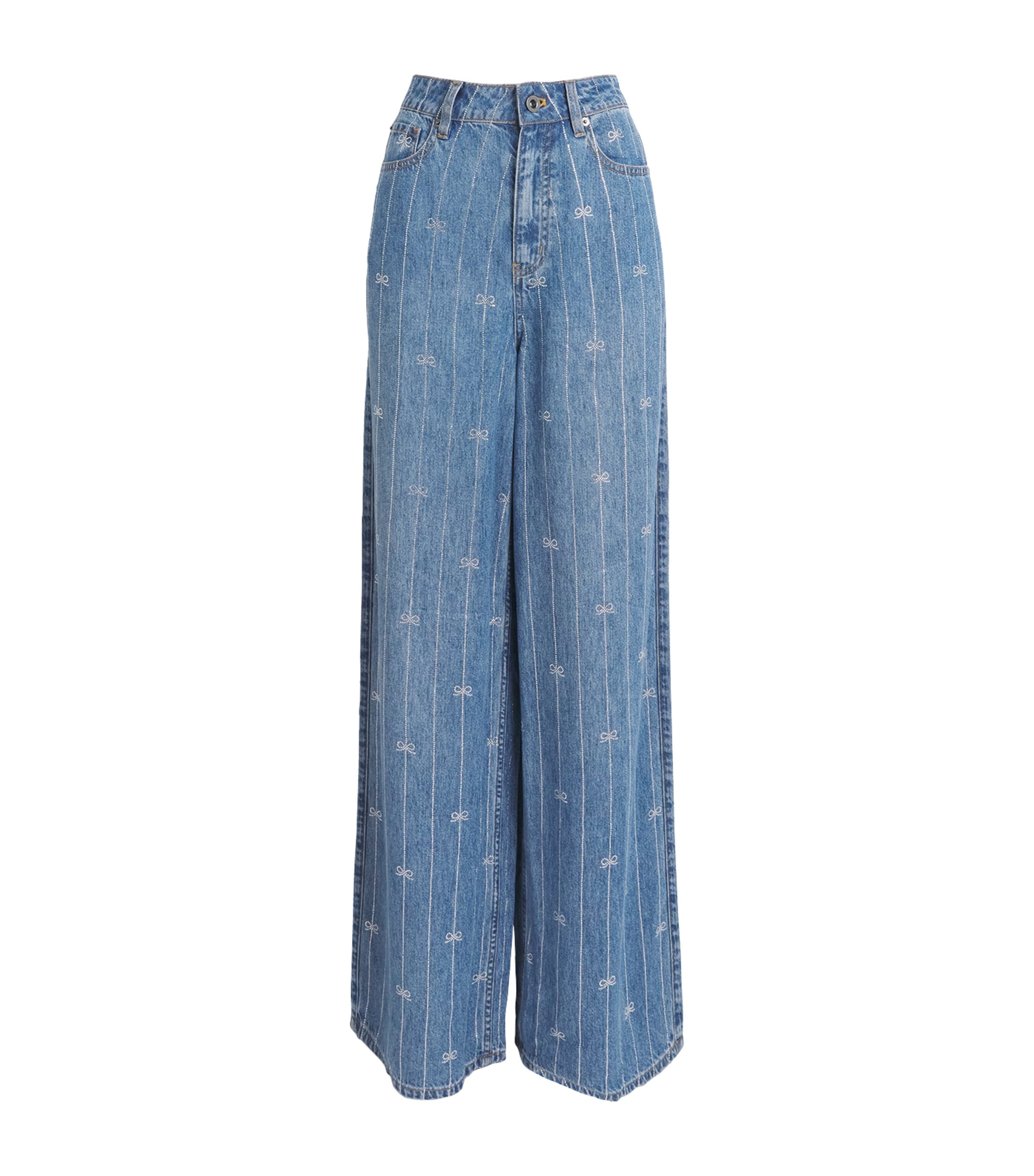 Self-Portrait Womens Rhinestone Stripe Wide-Leg Jeans Blue Image 1