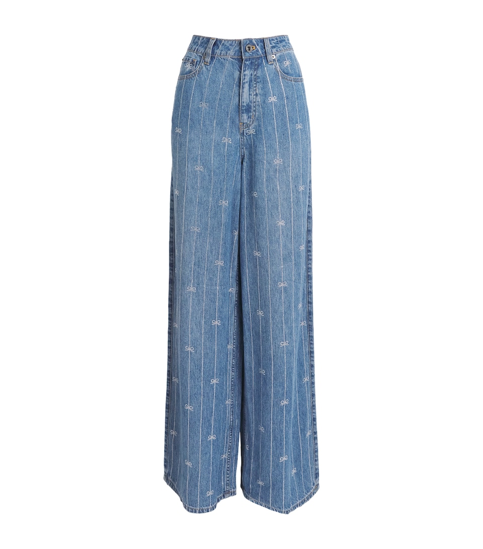 Self-Portrait Rhinestone Stripe Wide-Leg Jeans Blue