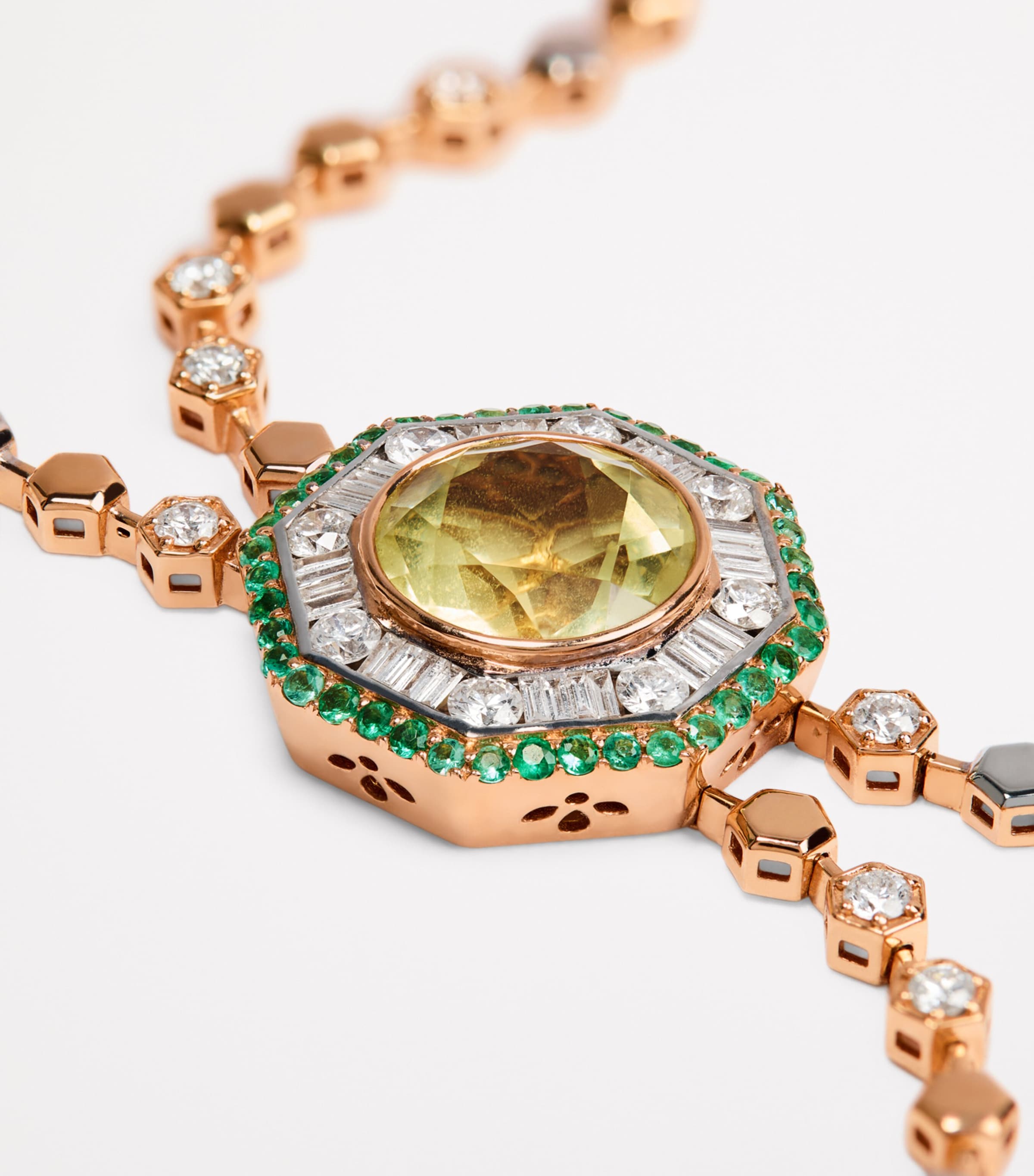 Yellow Gold, Diamond, Peridot and Emerald Honeycomb Bracelet ROSE GOLD Image 6