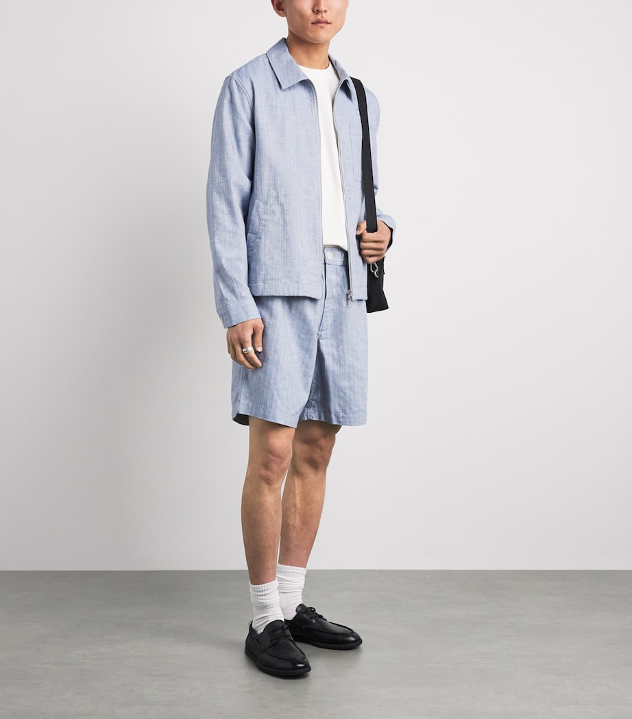 Wax London Mens Cotton-Linen Herringbone Kurt Shorts Light Blue Image 2