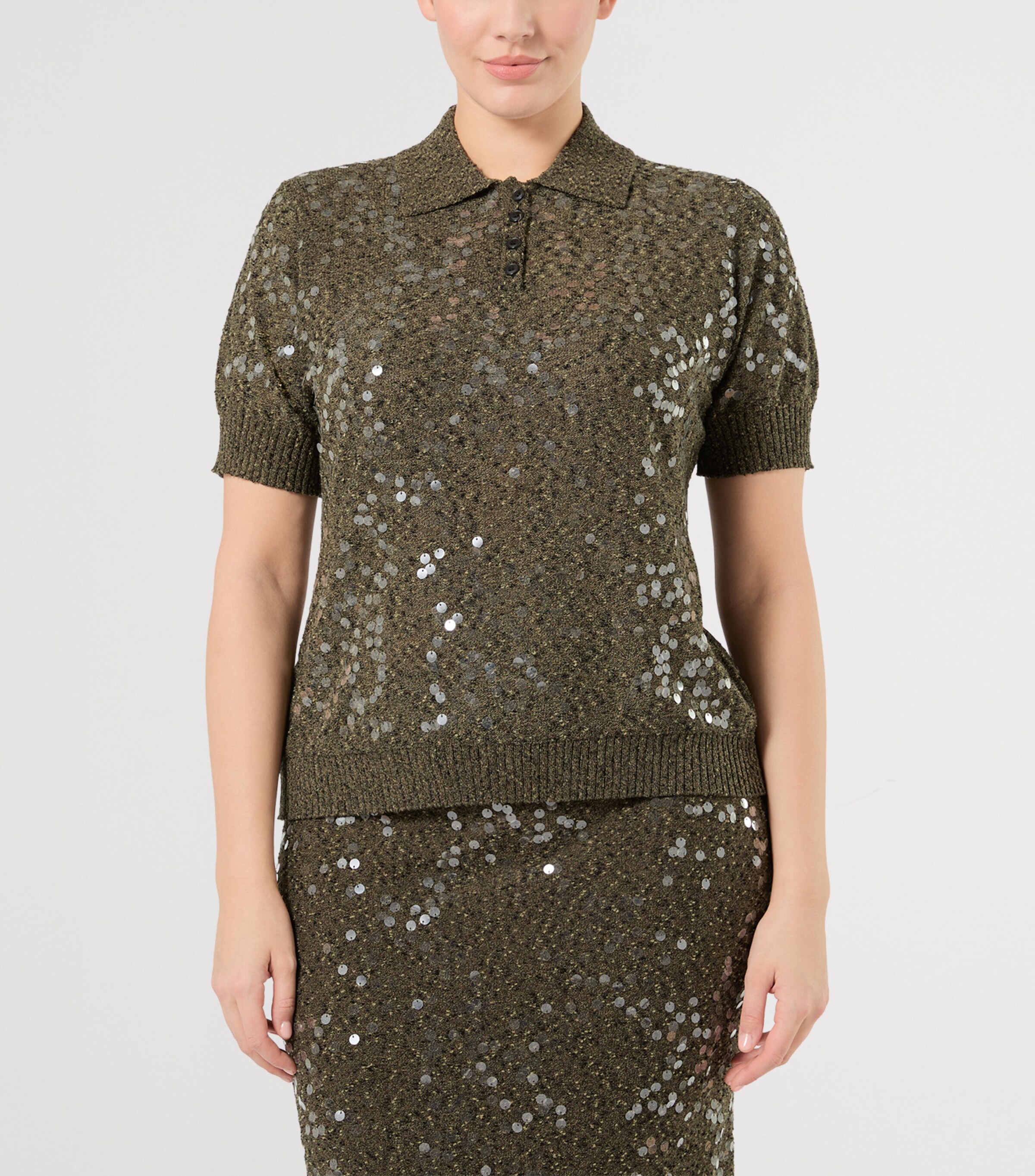 Marina Rinaldi Womens Sequin-Embellished Polo Sweater Kaki Image 3