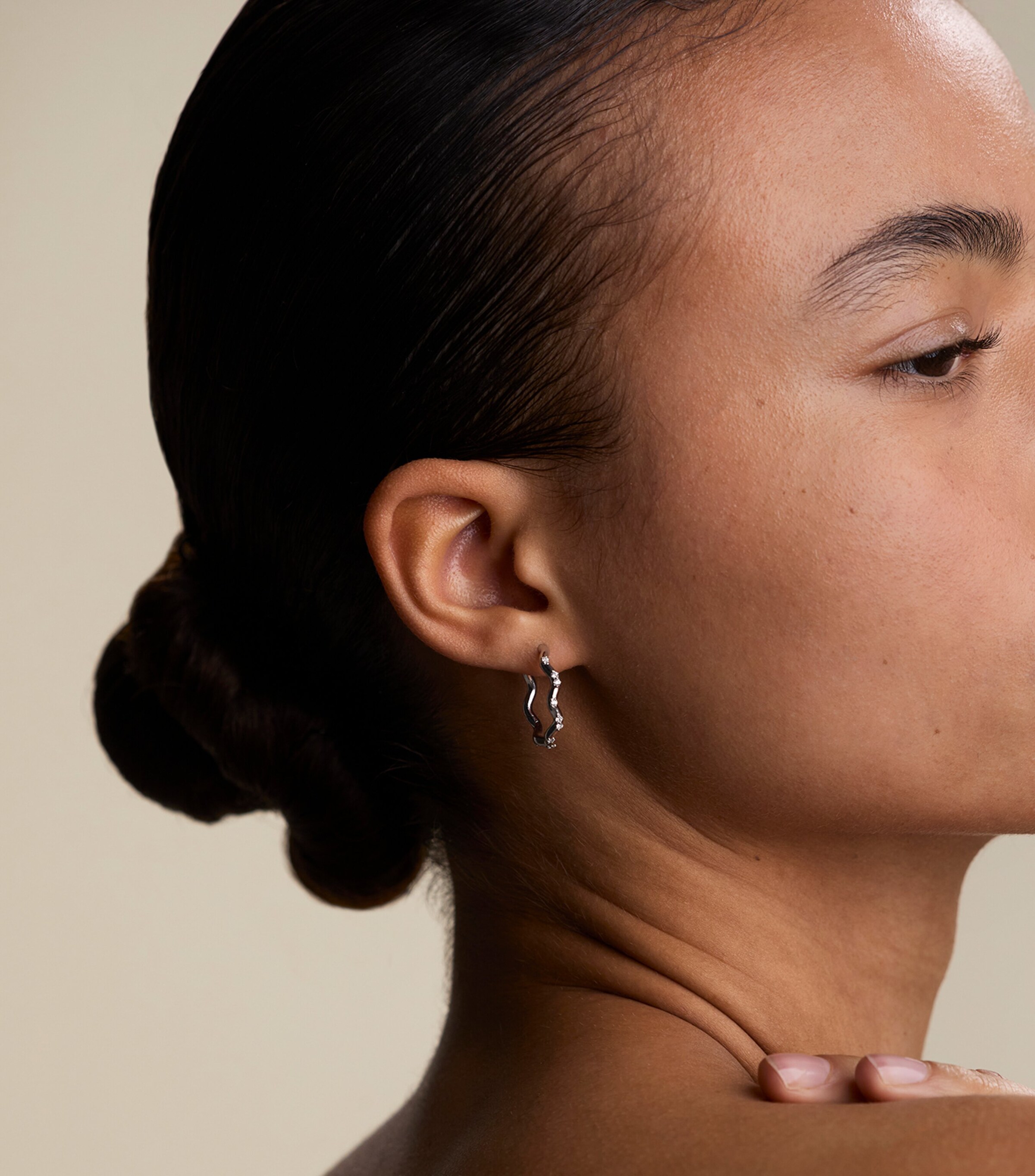 Astrid & Miyu Rhodium-Plated and Cubic Zirconia Ripple Hoop Earrings Silver Image 2