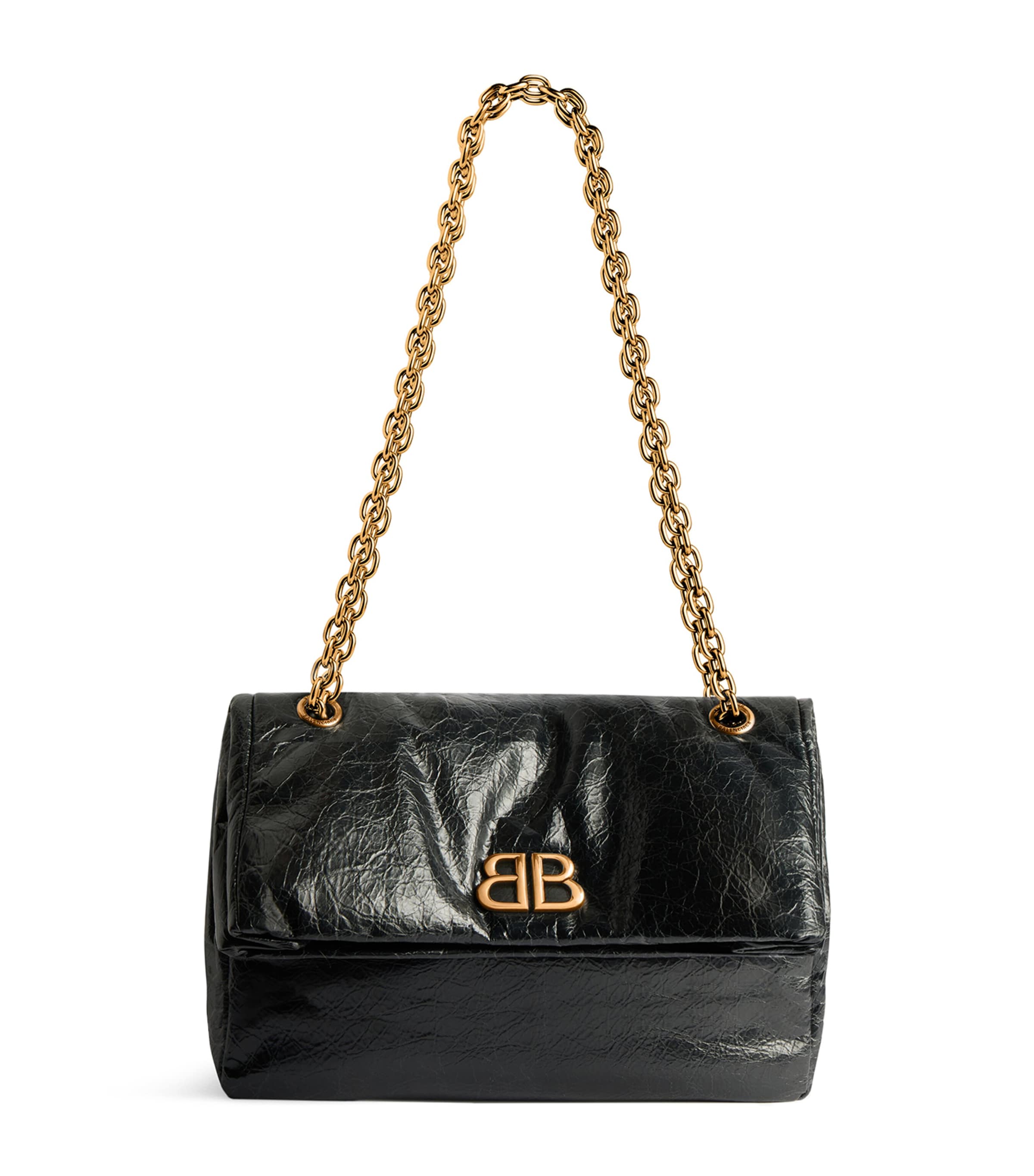 Balenciaga Monaco Crinkled-leather Shoulder Bag In Black