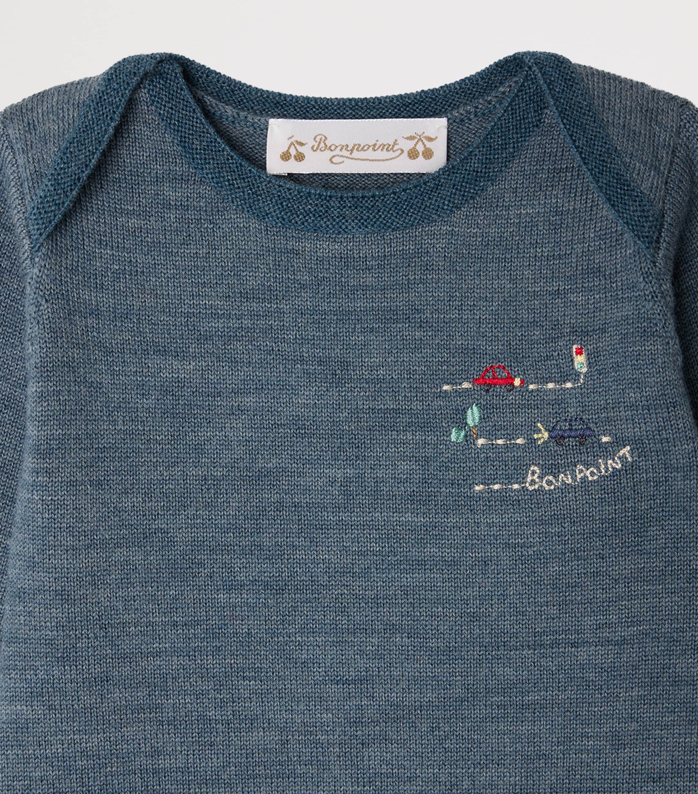 Bonpoint Wool Embroidered-Car Playsuit (1-18 Months) Bleu Mer Image 3