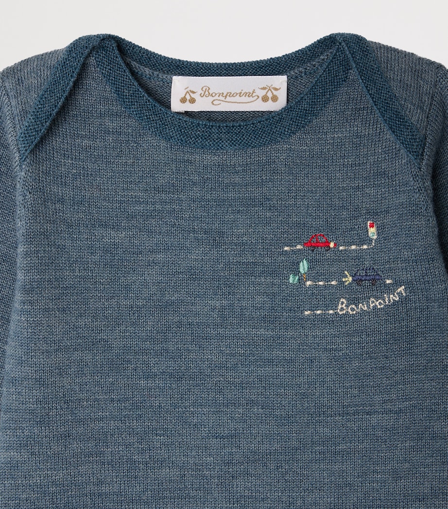 Bonpoint Wool Embroidered-Car Playsuit (1-18 Months) Bleu Mer Image 3