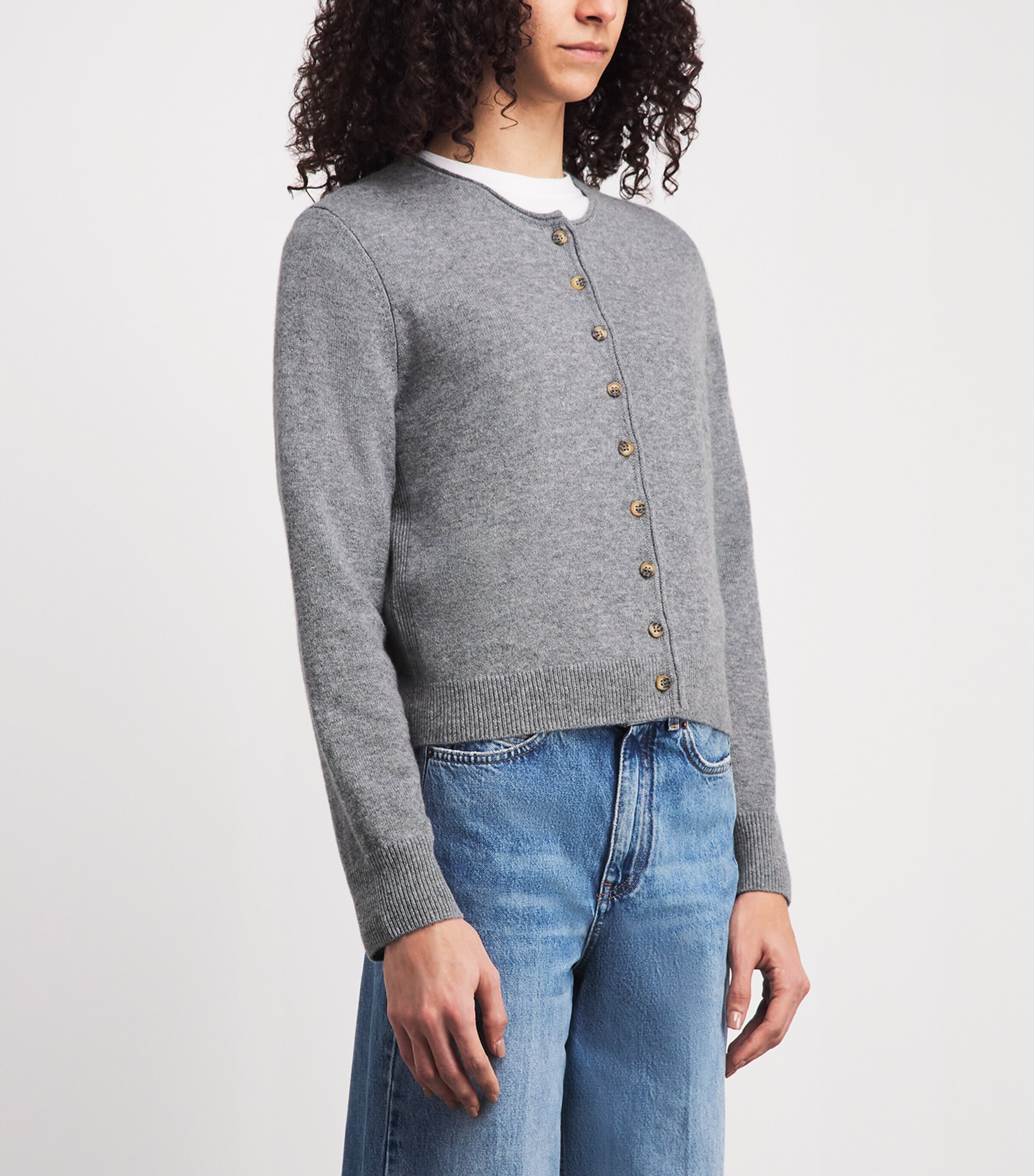 ME+EM Womens Cashmere Roll-Trim Cardigan Grey Marl Image 4