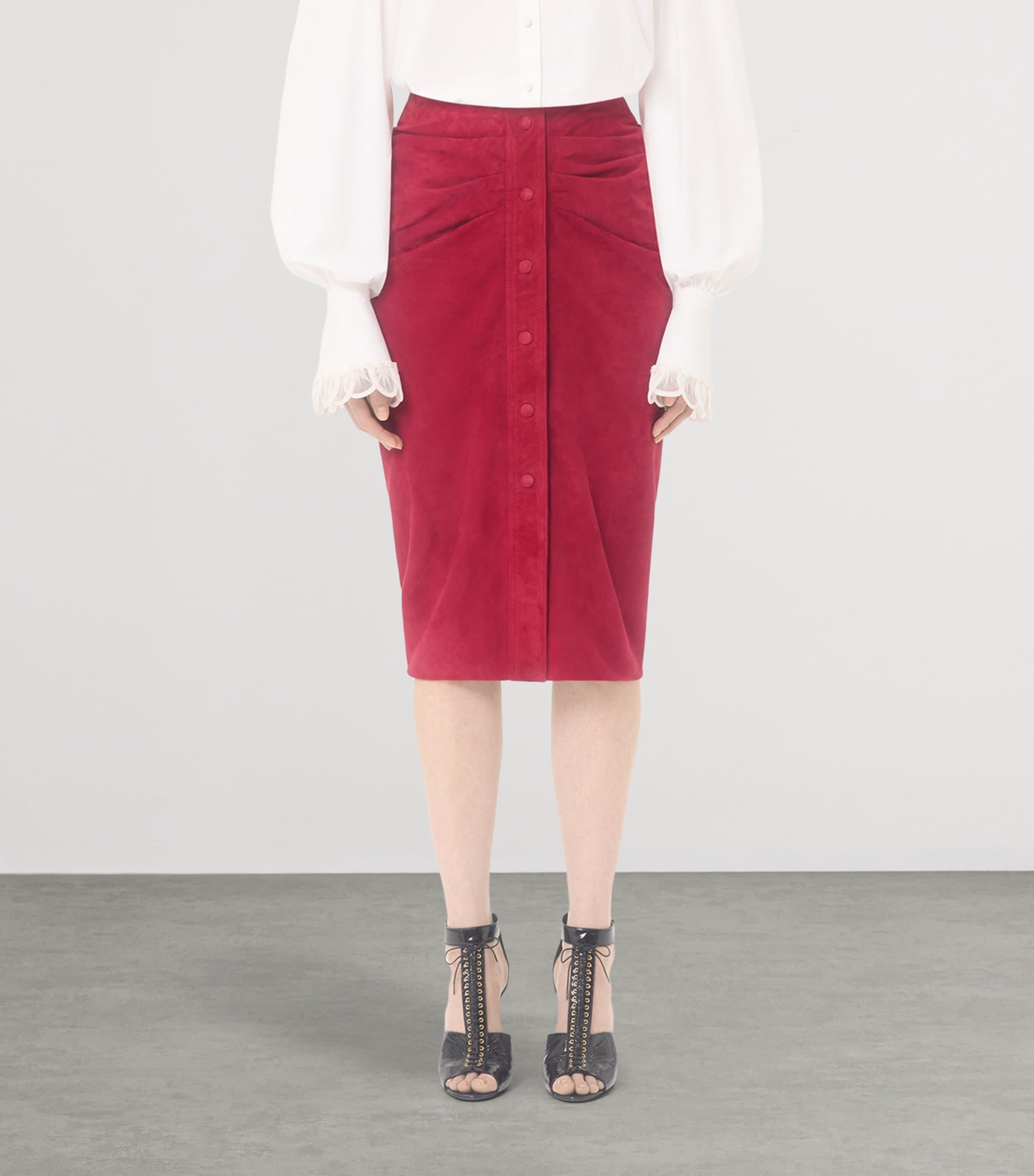 Valentino Red Suede Gathered Midi Skirt | Harrods AL