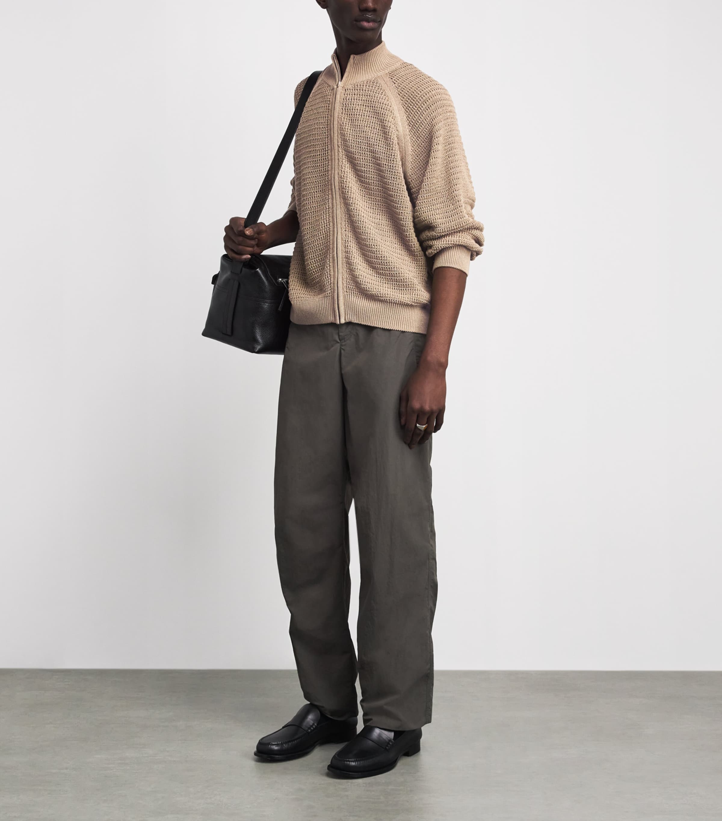 Le 17 Septembre Mens Open-Knit Zip-Up Cardigan Beige Image 2