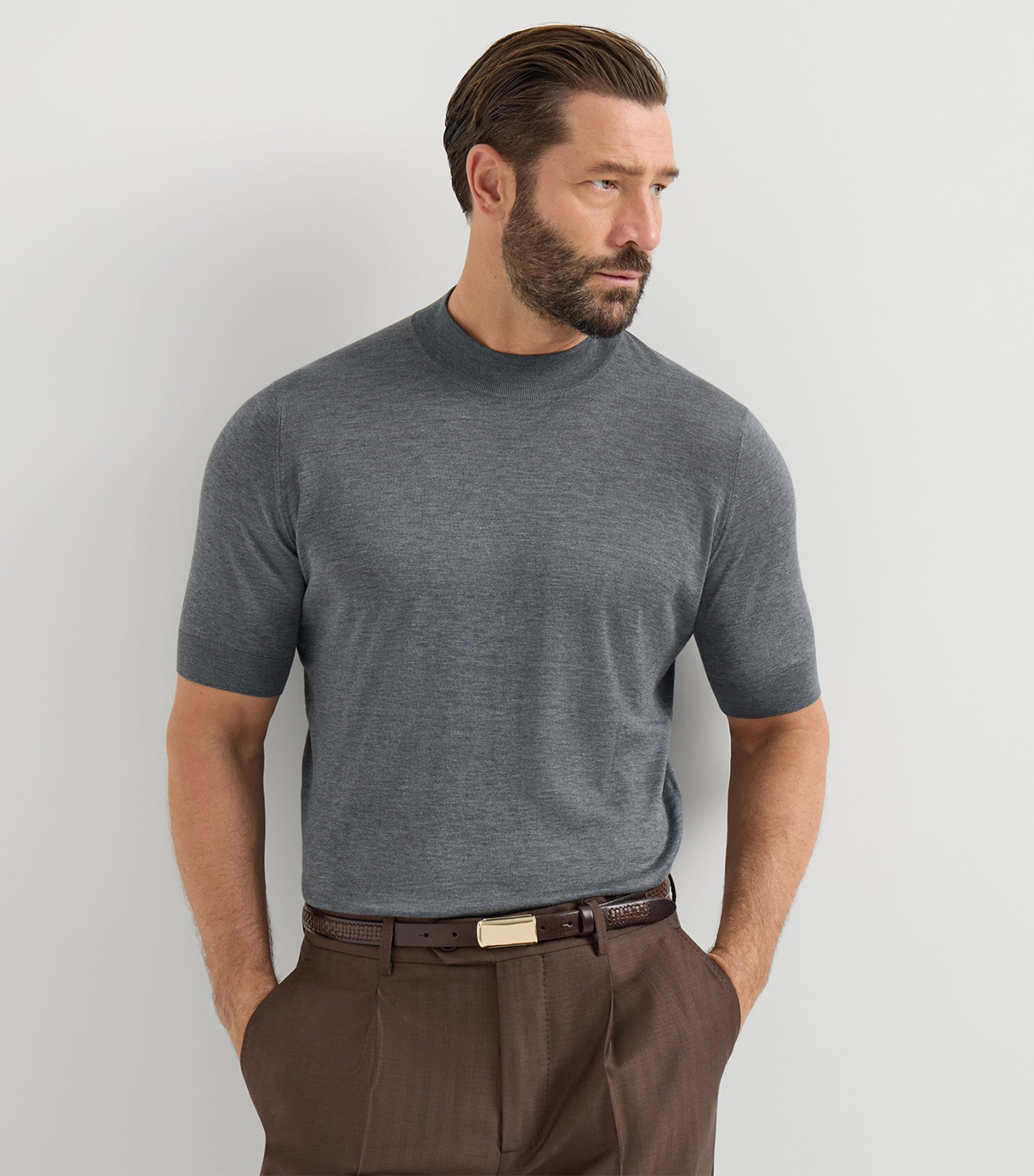 Brunello Cucinelli Mens Silk-Cotton High-Neck T-Shirt Grigio Scuro Image 4
