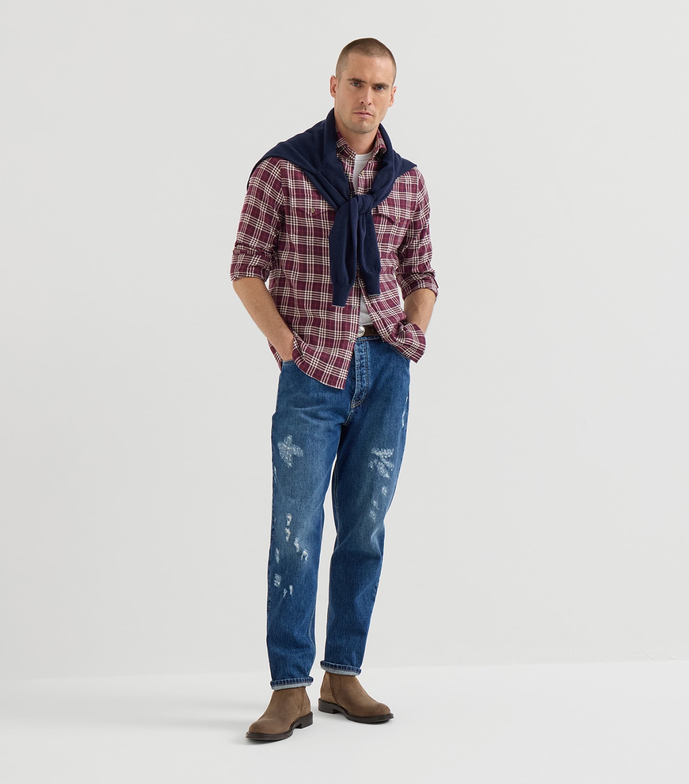 Brunello Cucinelli Mens Flannel Check Western Shirt Prugna Image 5