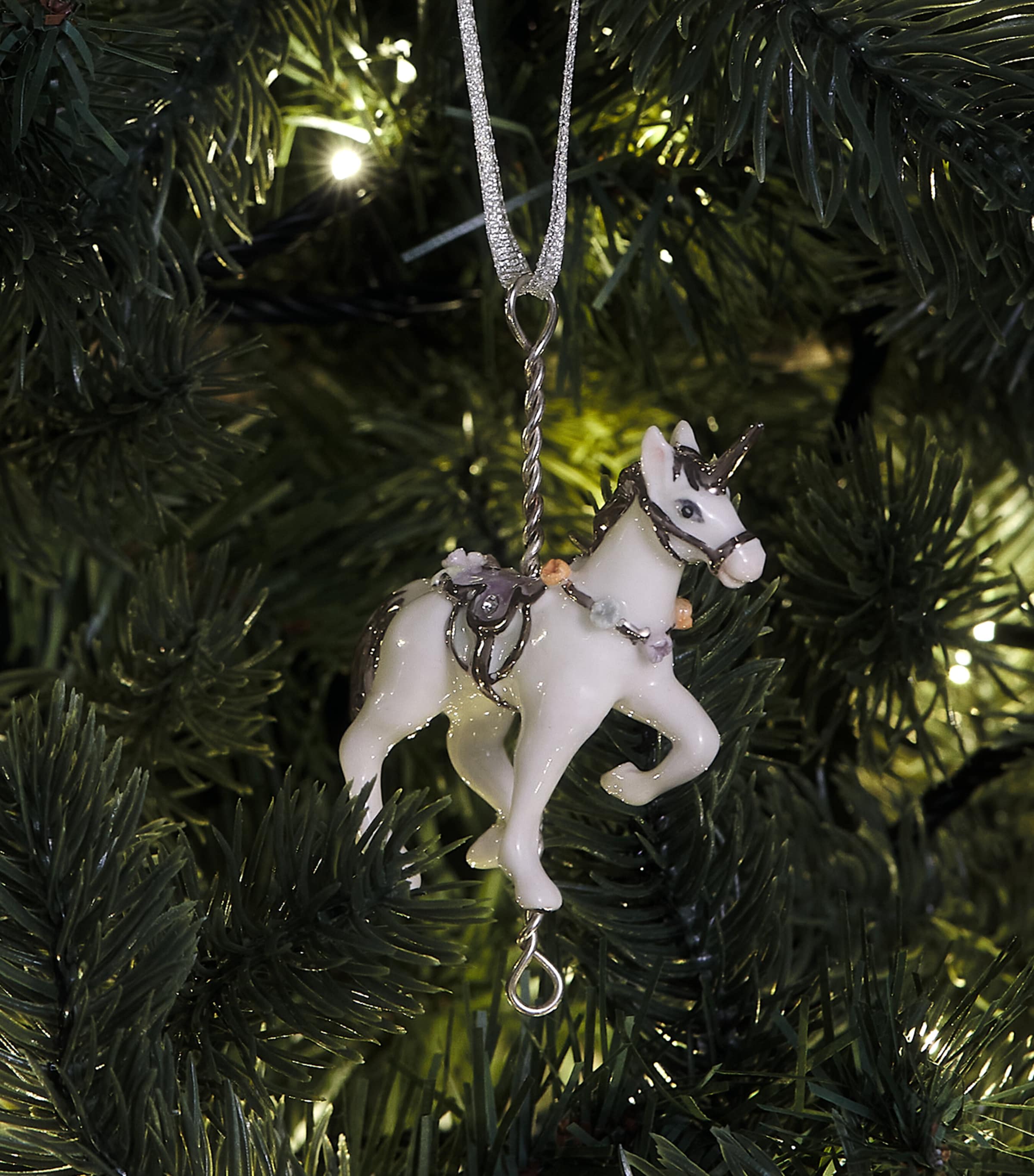 Hop Skip & Flutter Merry-Go-Round Unicorn Tree Decoration White Silver Image 3