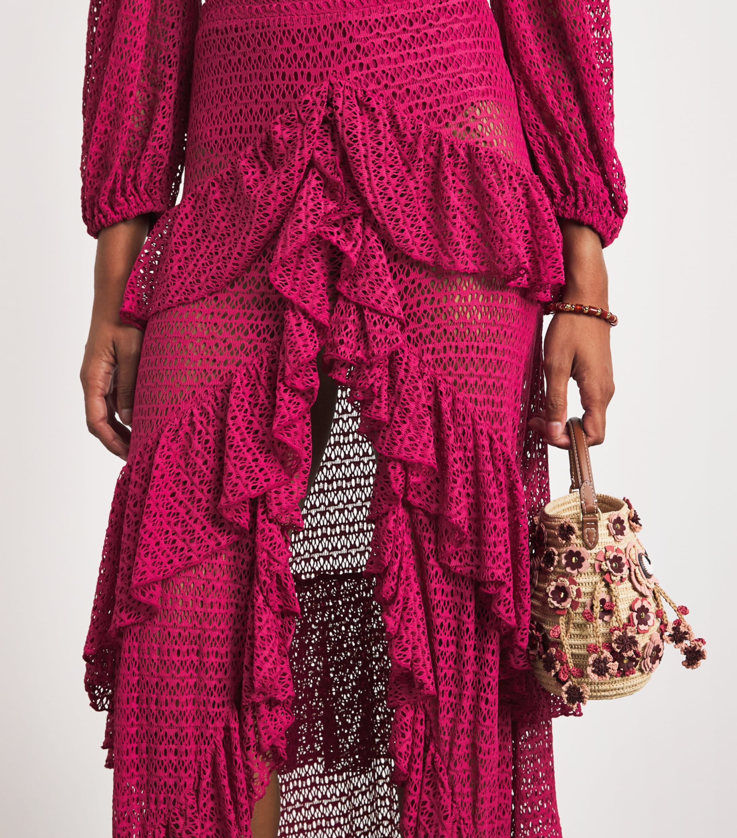 PatBO Womens Crochet Ruffle Maxi Skirt Magenta Image 3