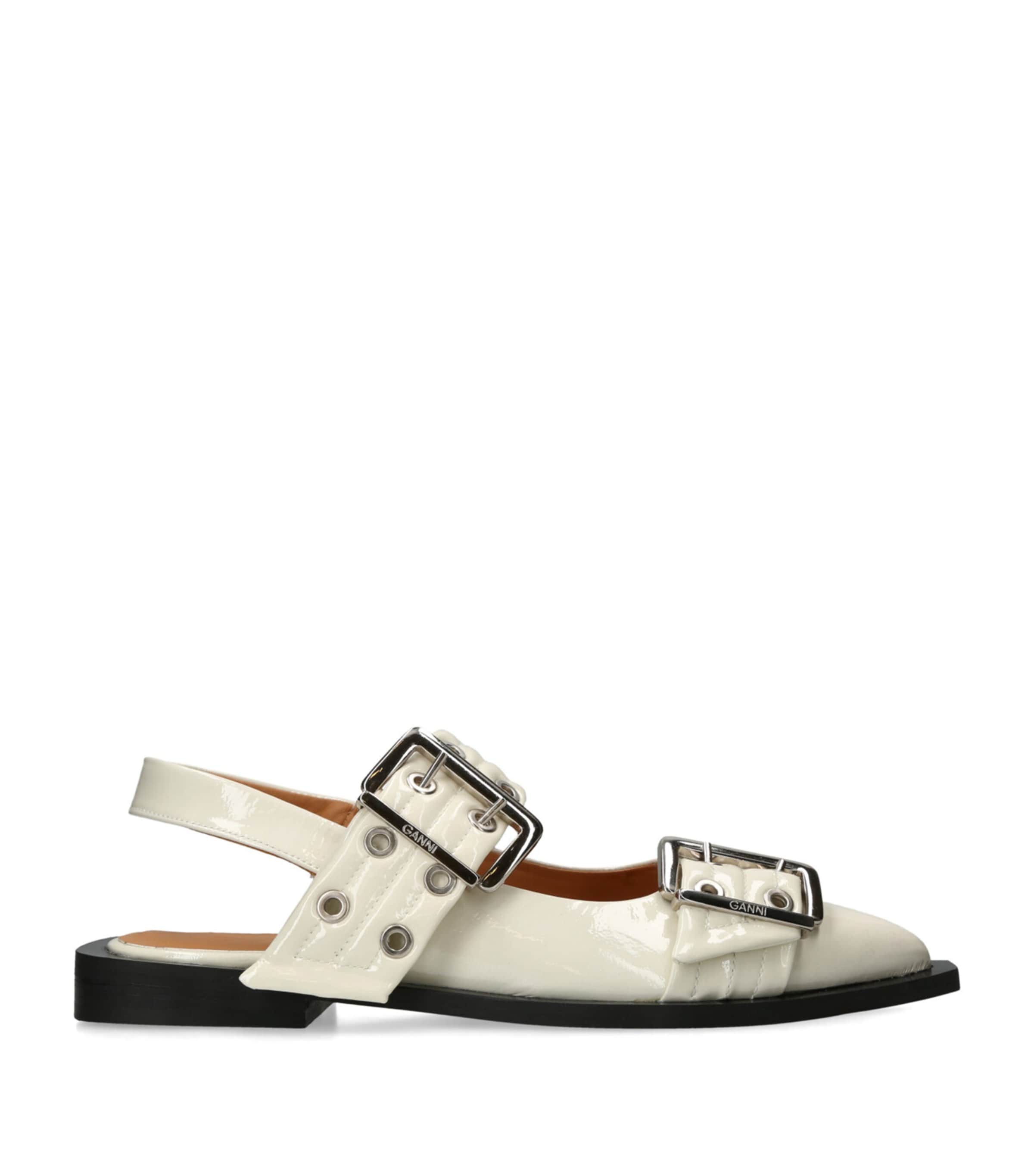 Ganni Leather Buckle Ballerina Flats In White