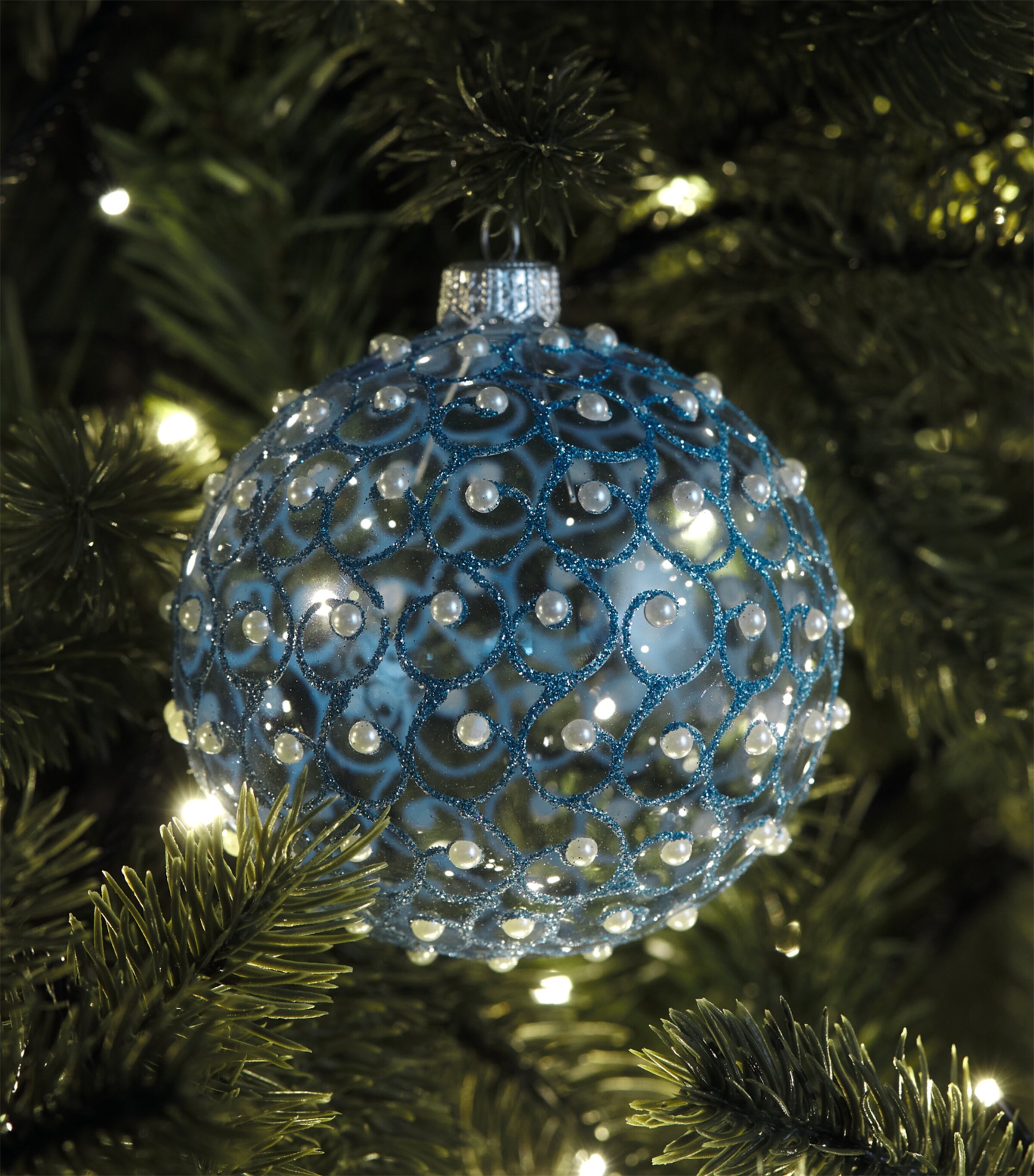 Harrods Glass Glitter Swirl Bauble Light Blue Image 3