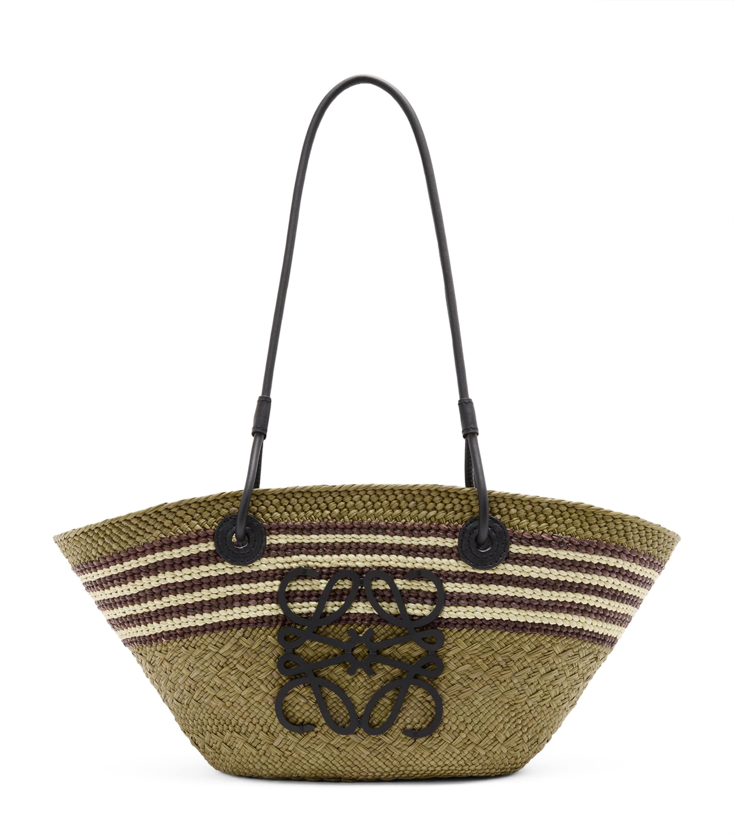 Loewe Anagram Stripes Small Basket In Iraca Palm And Calfskin In Green