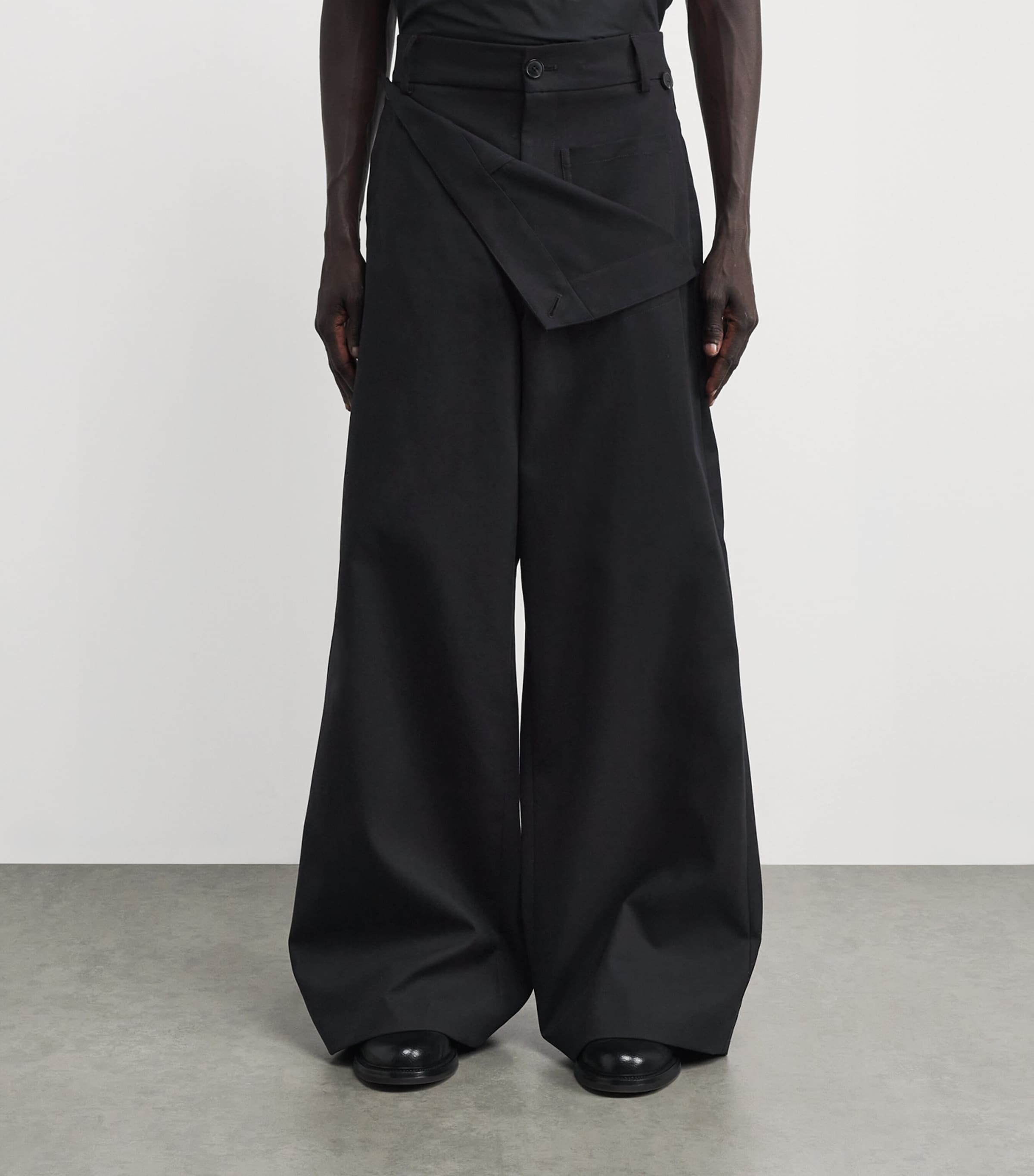 DRIES VAN NOTEN Black Cotton-Blend Fold-Over Wide-Leg