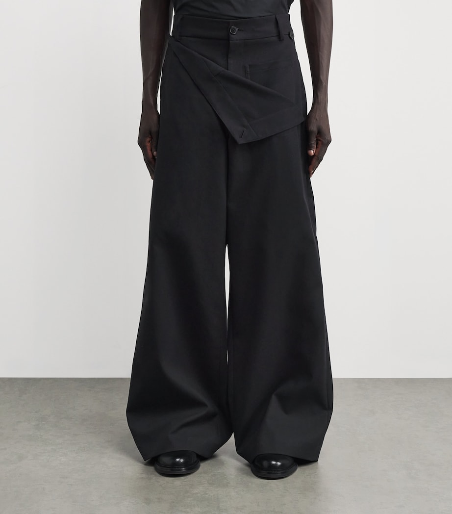 Cotton-Blend Fold-Over Wide-Leg Trousers BLACK Image 3