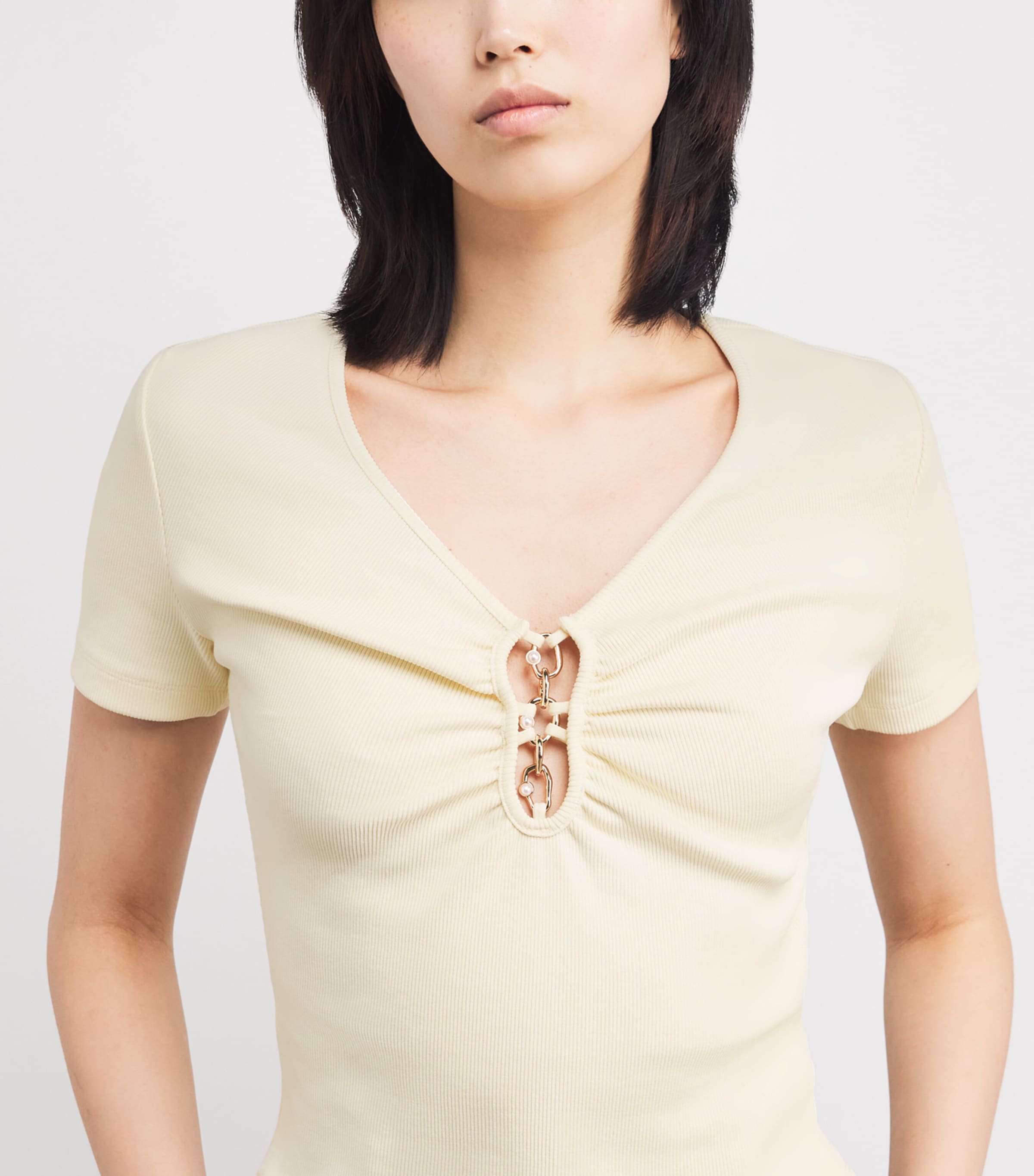 Sandro Paris Womens Stretch-Cotton Ruched-Detail T-Shirt Ecru Image 6