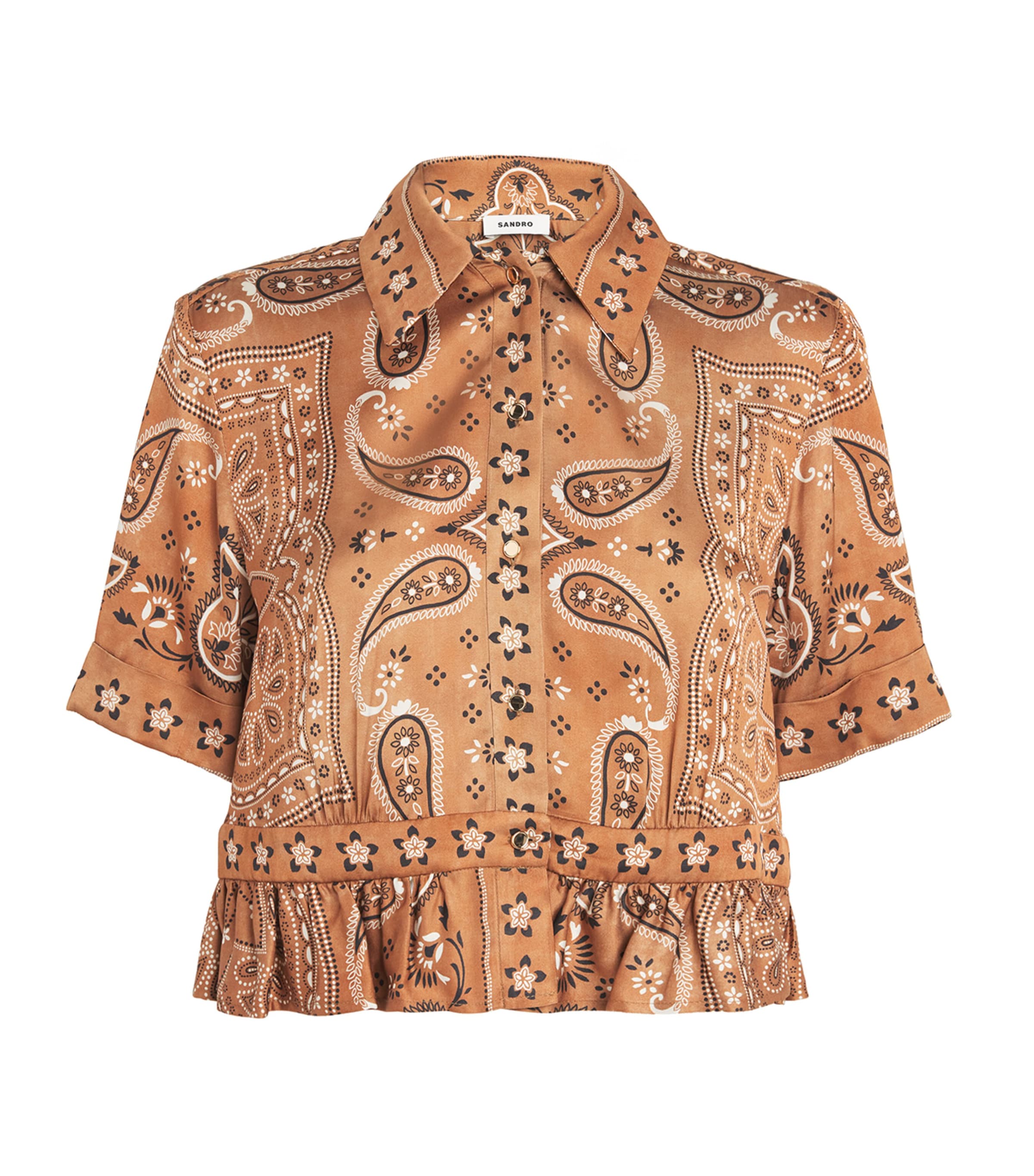 Sandro Paris Womens Bandana-Print Cropped Shirt Brown / Black Image 1