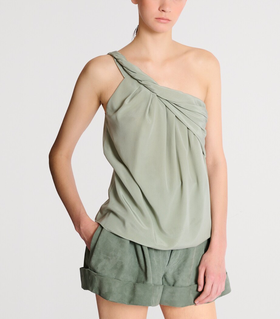 Balmain Womens Silk Crepe One-Shoulder Top Olive Image 6