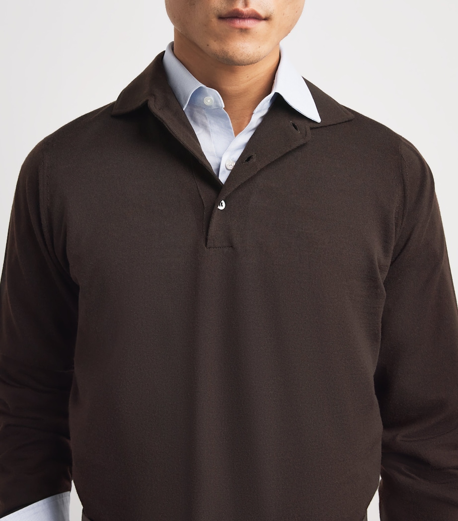 Lardini Mens Virgin Wool Long-Sleeve Polo Shirt Brown Image 3