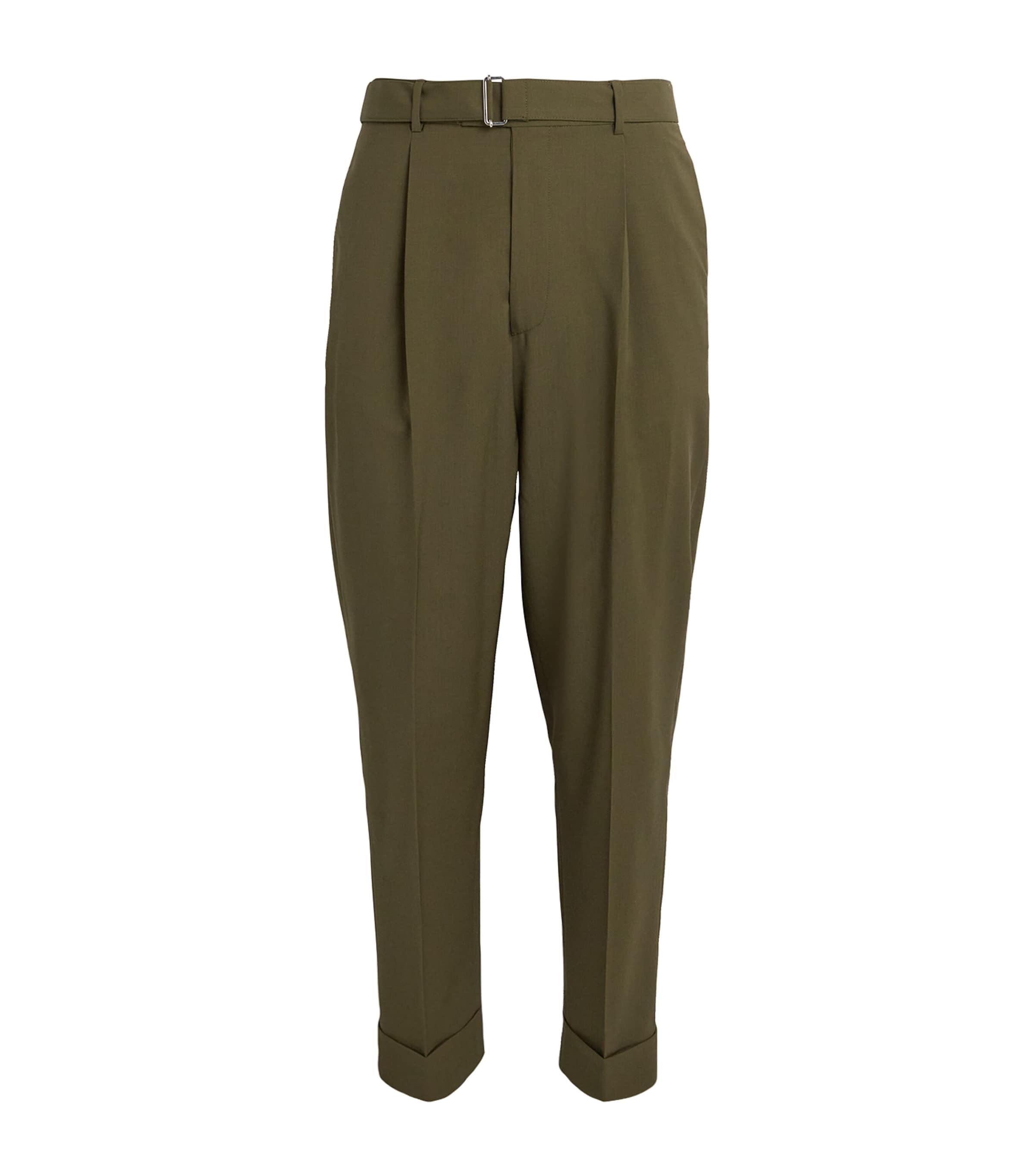 Officine Generale Hugo Tapered Belted Pleated Virgin Wool Trousers In Green