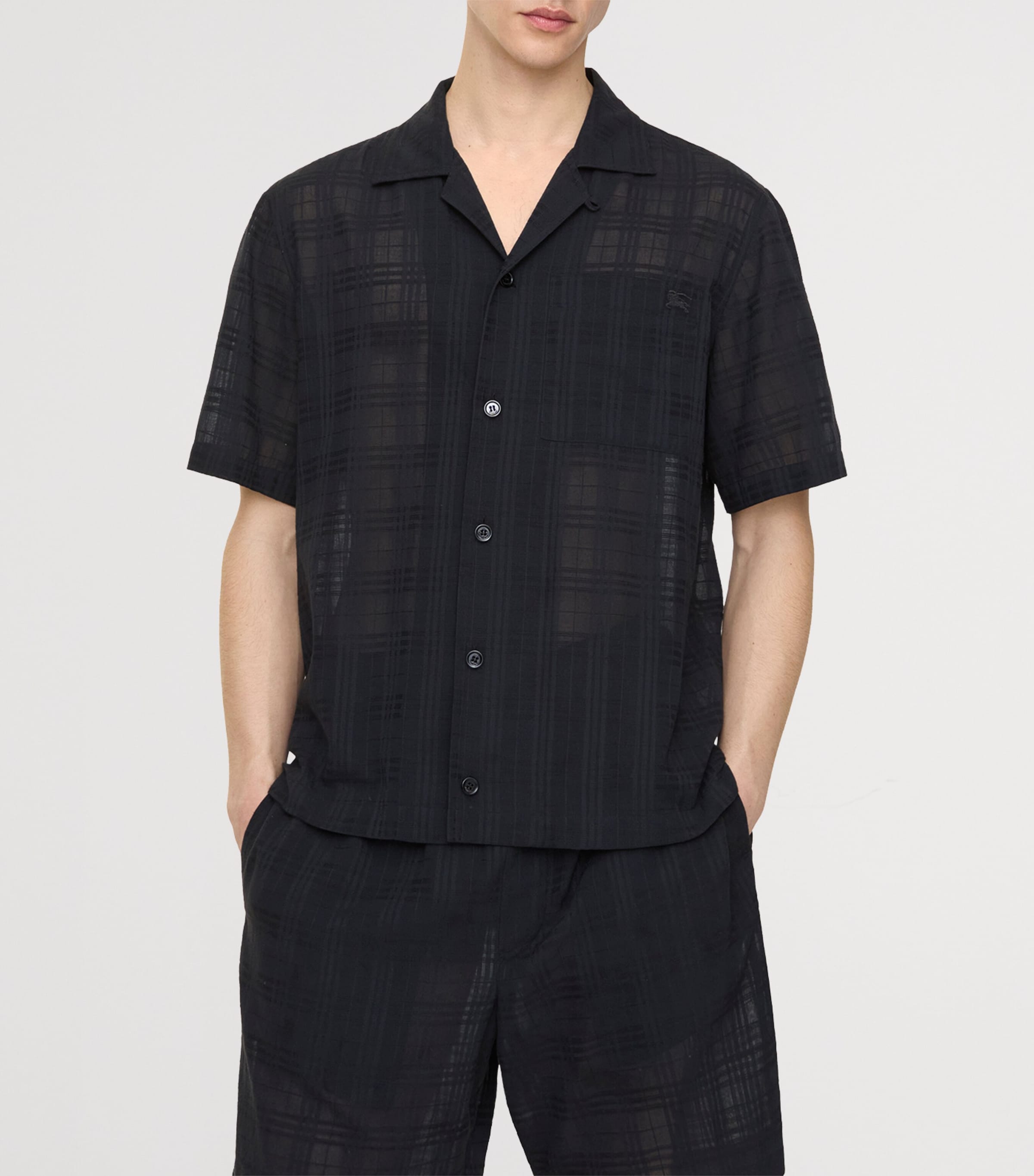 Burberry Black Cotton Voile Check Print Short Sleeve Shirt