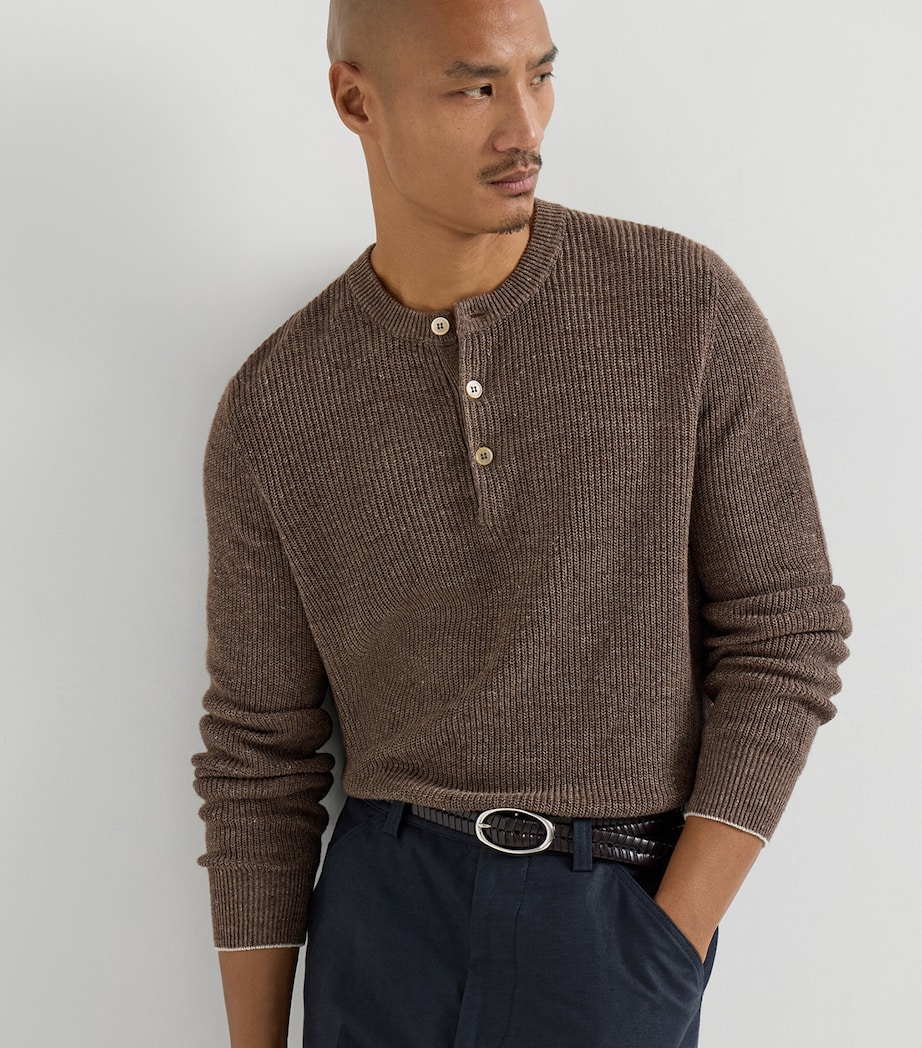 Brunello Cucinelli Mens Linen-Cotton Henley Sweater Image 3